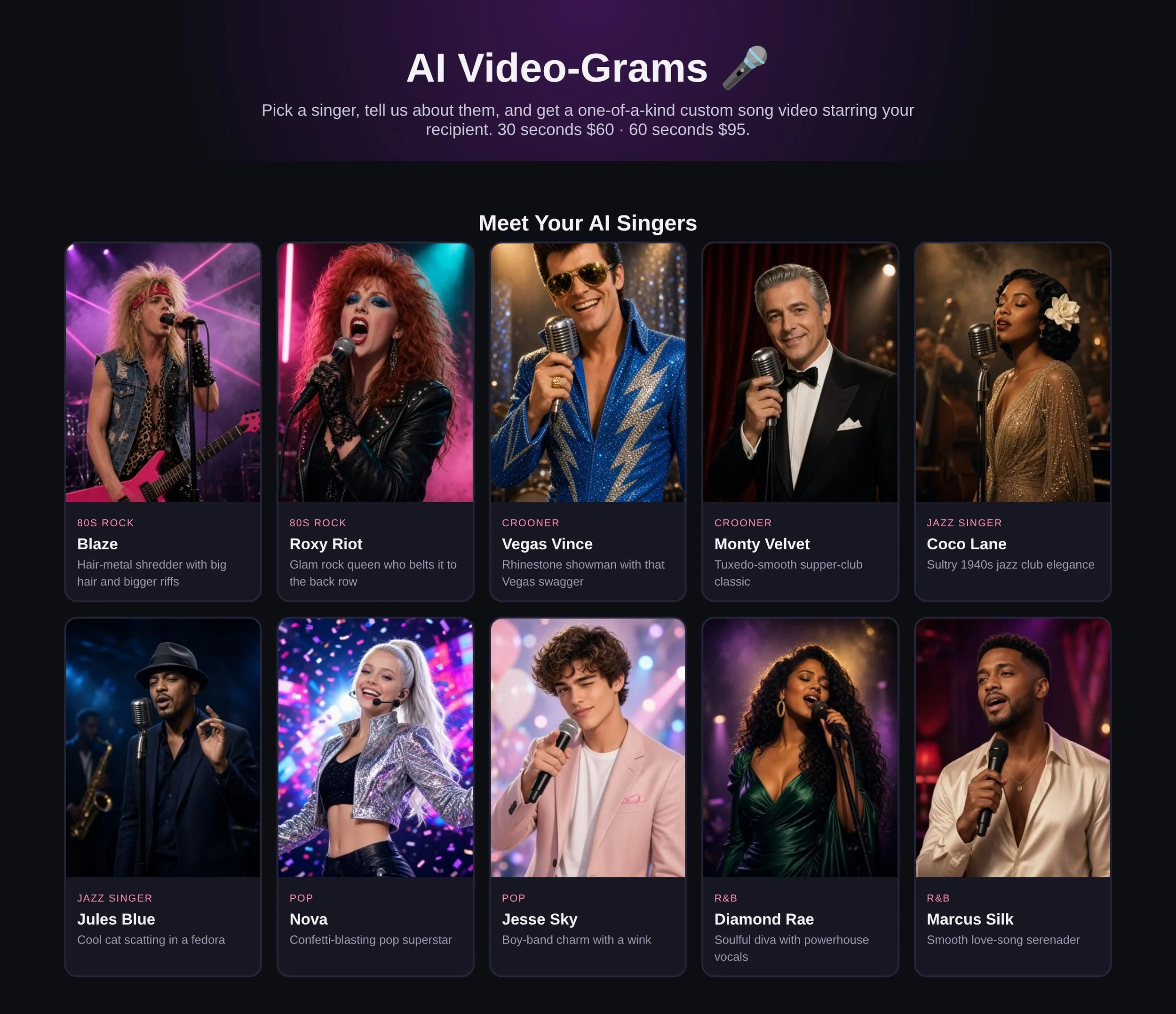 AI Video-Gram singers: Blaze, Roxy Riot, Vegas Vince, Monty Velvet, Coco Lane, Jules Blue, Nova, Jesse Sky, Diamond Rae, Marcus Silk