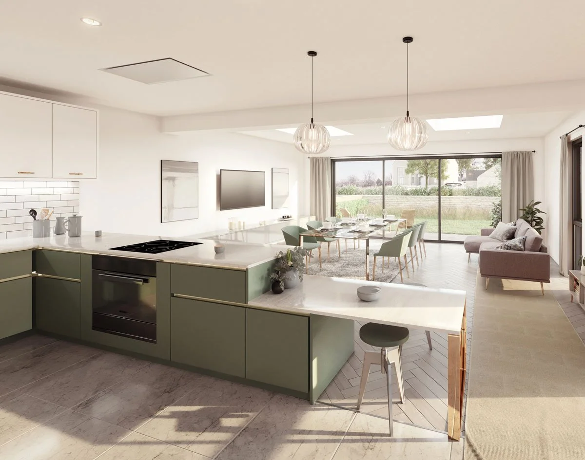 Open-concept kitchen with green cabinets, white countertop, black stovetop, and modern dining area with large sliding glass doors leading to outdoor space.
