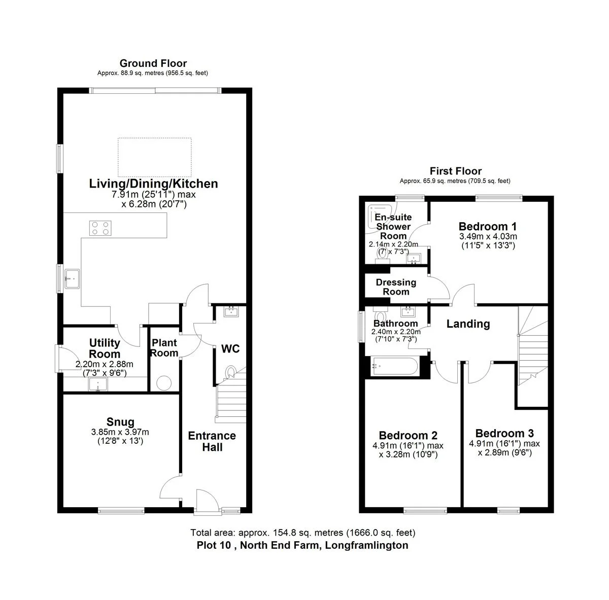 Floor plan of a two-story house showing a ground floor with an entrance hall, snug, WC, plant room, utility room, and a large open living/dining/kitchen area; and a first floor with three bedrooms, an en-suite shower room, a bathroom, and a dressing room.