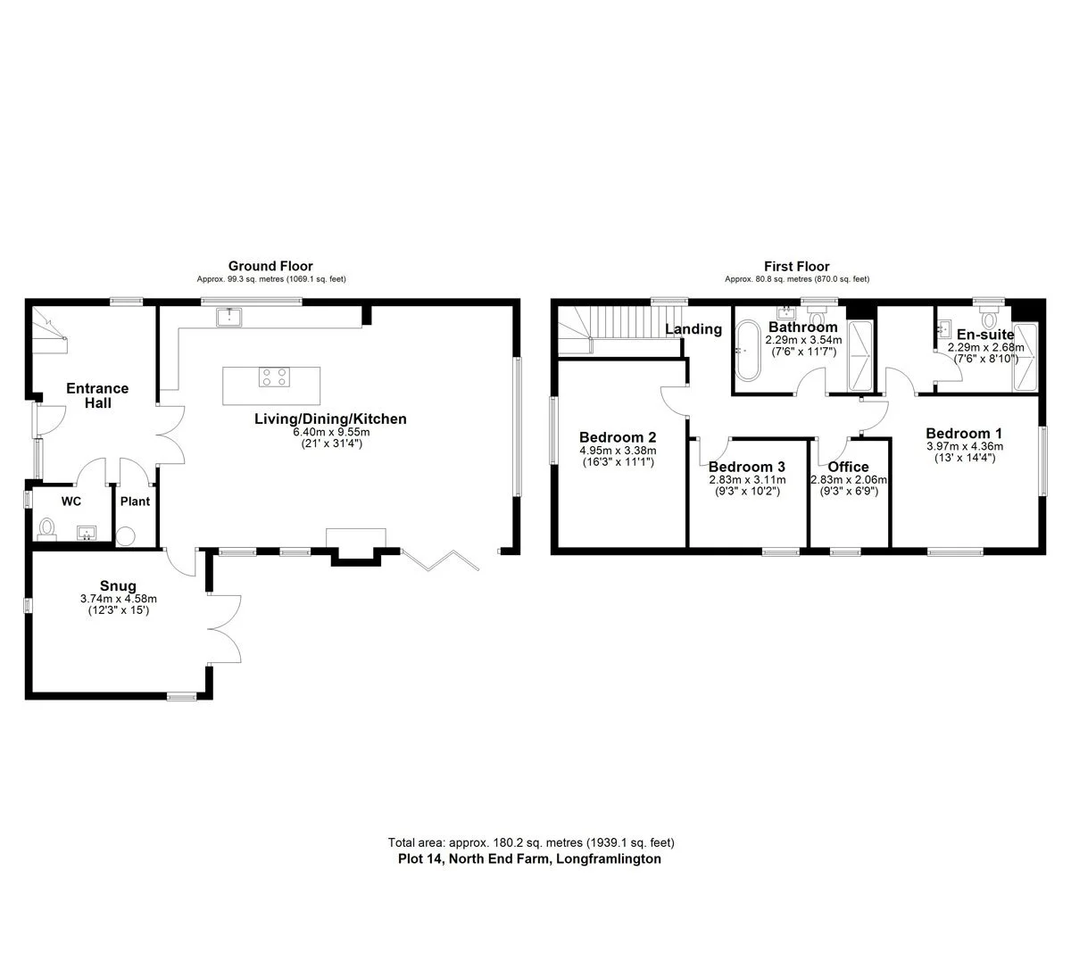 Floor plan of a two-story house showing ground floor with living room, dining area, kitchen, snug, WC, plant, and entrance hall; and first floor with four bedrooms, office, two bathrooms, landing, and en-suite.