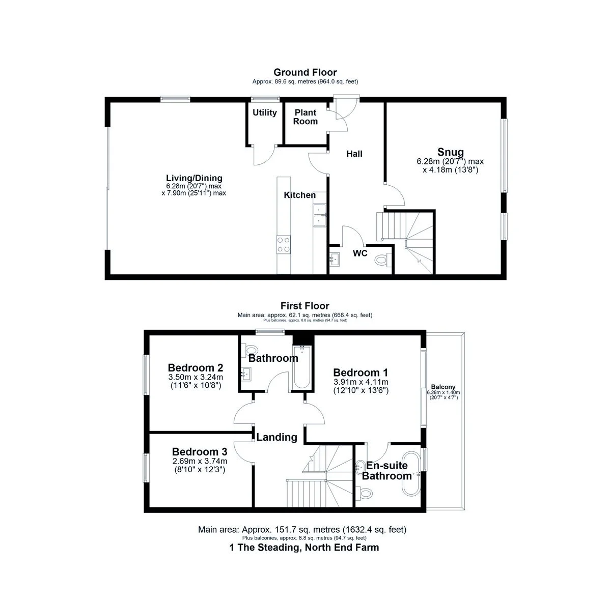 Floor plan of a two-story house showing ground and first floors, with rooms labeled including living and dining area, kitchen, utility, plant room, hall, snug, WC, bedrooms, bathrooms, balcony, and staircase.