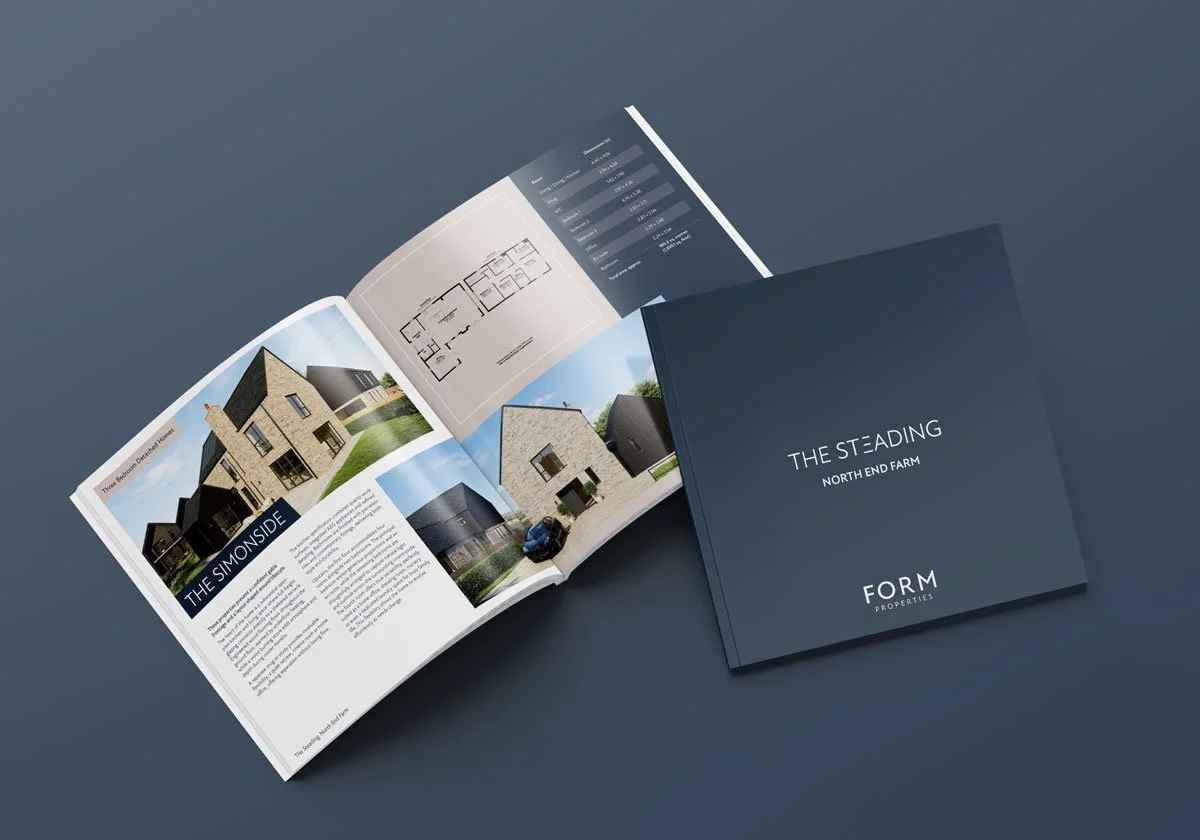 Brochure titled "The Steading North End Farm" from Form Properties, showing images and details of modern residential buildings inside.