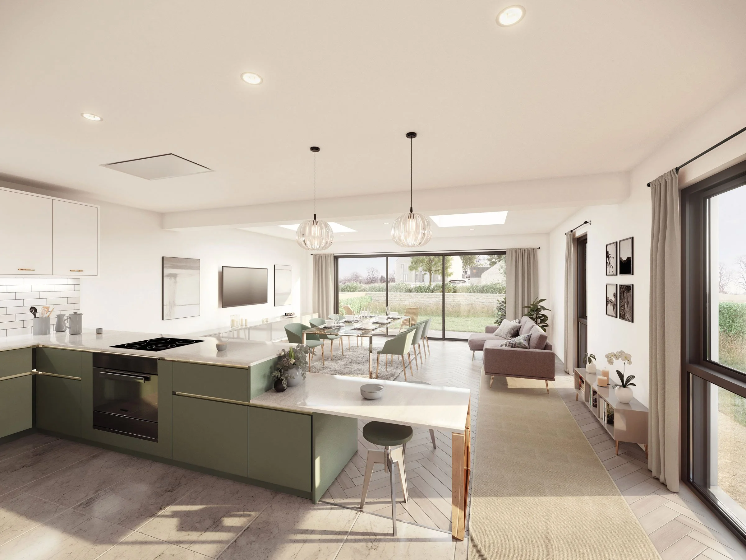 Bright, modern kitchen and living room with large windows, hanging pendant lights, and white decor.