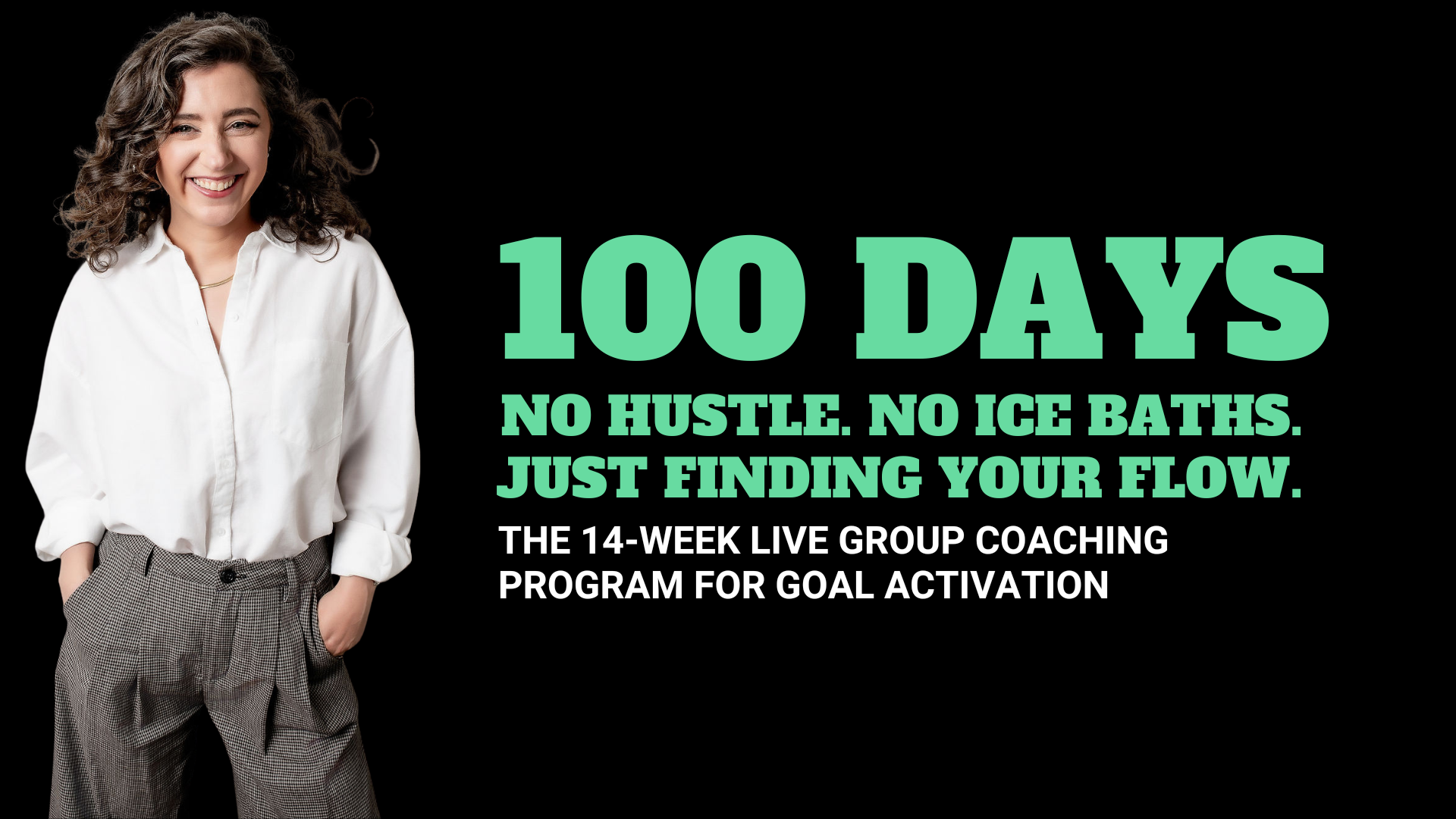 Image of Rikki Goldenberg, Executive Career and Leadership Coach wearing a white shirt and checkered pants smiling, text overlay for 100 Days 14-week live group coaching program