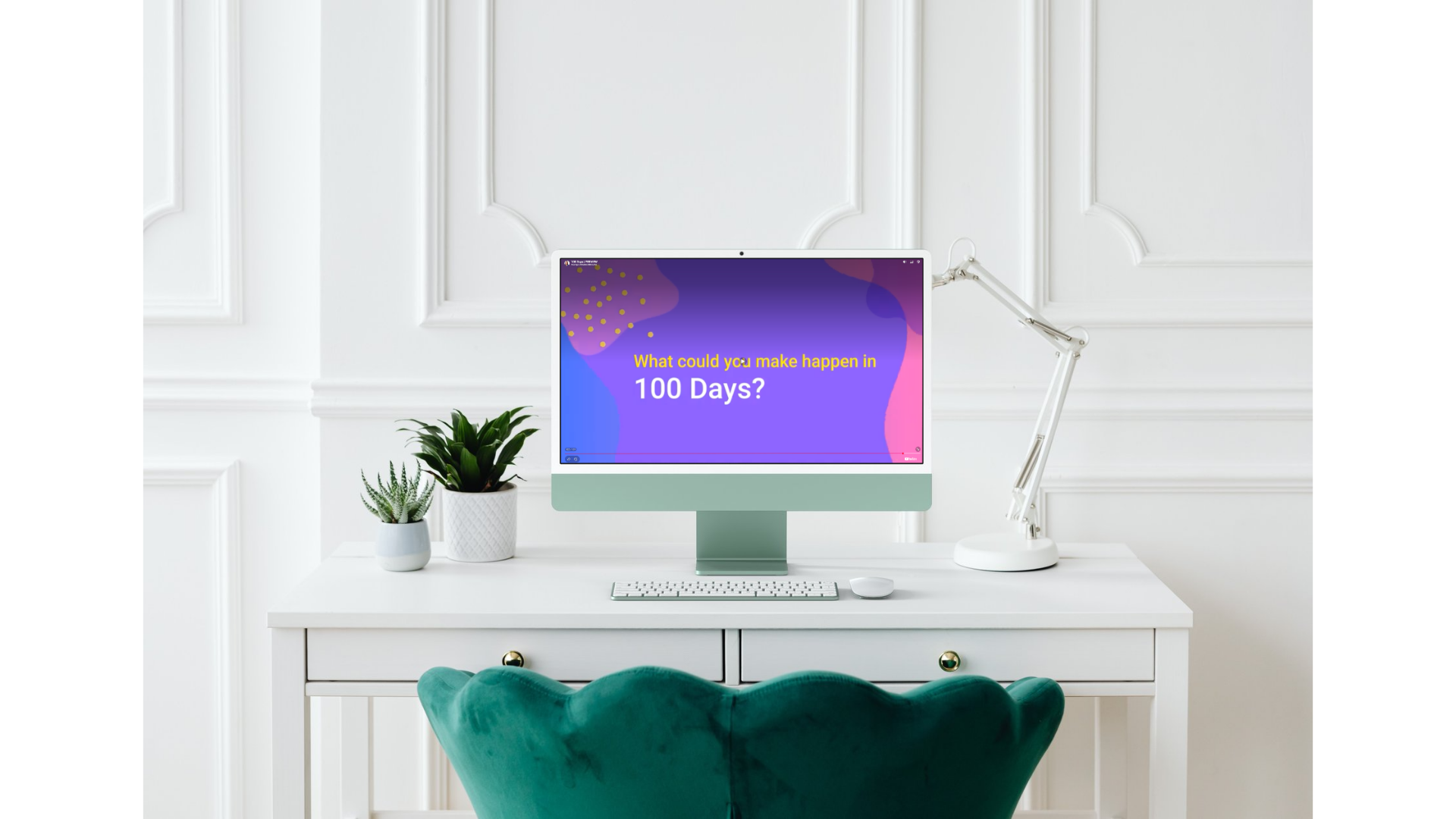 Image of computer with What could you make happen in 100 Days on the screen - virtual productivity course by Rikki Goldenberg and Miriam Bekkouche