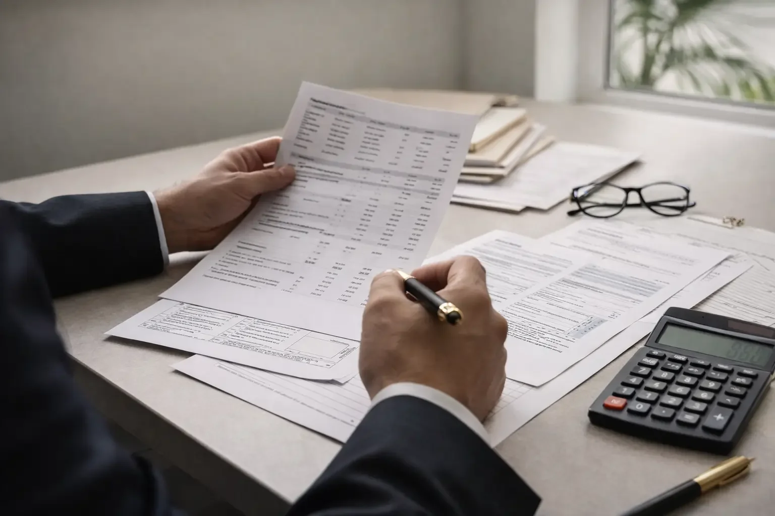 Financial documents and calculator used in alimony and support analysis in Palm Beach Gardens