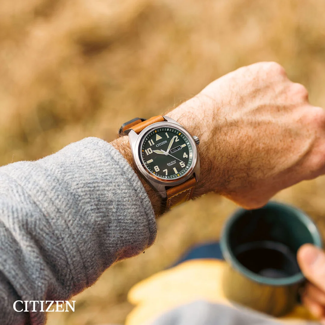 Inspired by the golden age of travel, this vintage-inspired timepiece from Citizen combines a retro aesthetic with the cutting-edge technology of a Super Titanium case for a lightweight feel and Eco-Drive technology that powers the watch by light.