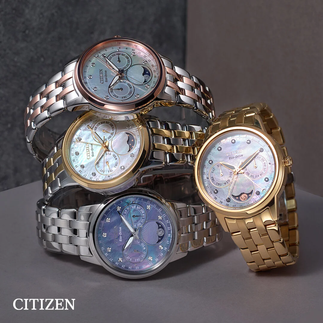 The contemporary elegance of Citizen’s Calendrier collection comes in a variety of gold- and silver-tone stainless steel bracelets and mother-of-pearl and diamond dials that track the moon’s phases. #CitizenWatchEcoDrive