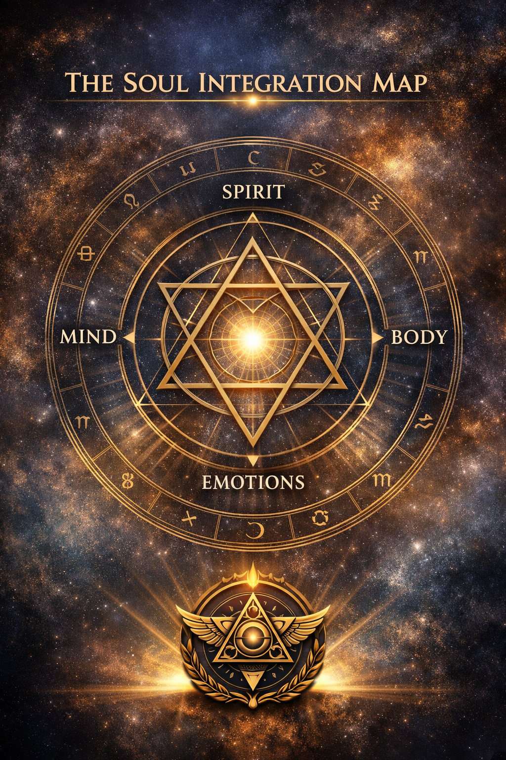 Cosmic-themed diagram titled 'The Soul Integration Map' with concentric circles and geometric shapes. Labels include 'Spirit', 'Mind', 'Emotions', 'Body', with a glowing central point and a decorative emblem at the bottom.