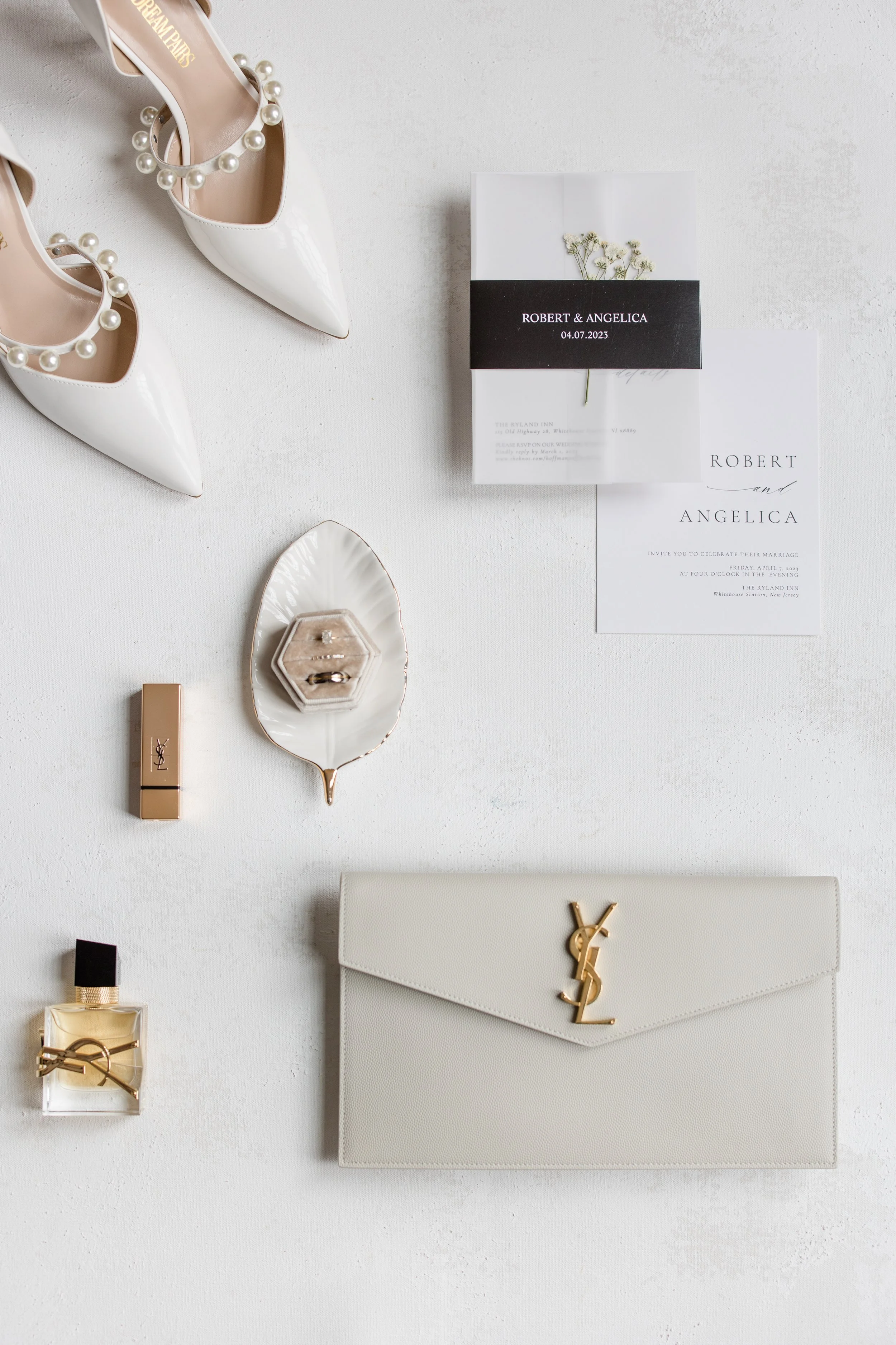 Bridal accessories details photo - Shoes, rings, invitation, YSL perfume & clutch - by Jessica Anne, NJ Wedding Photographer. 