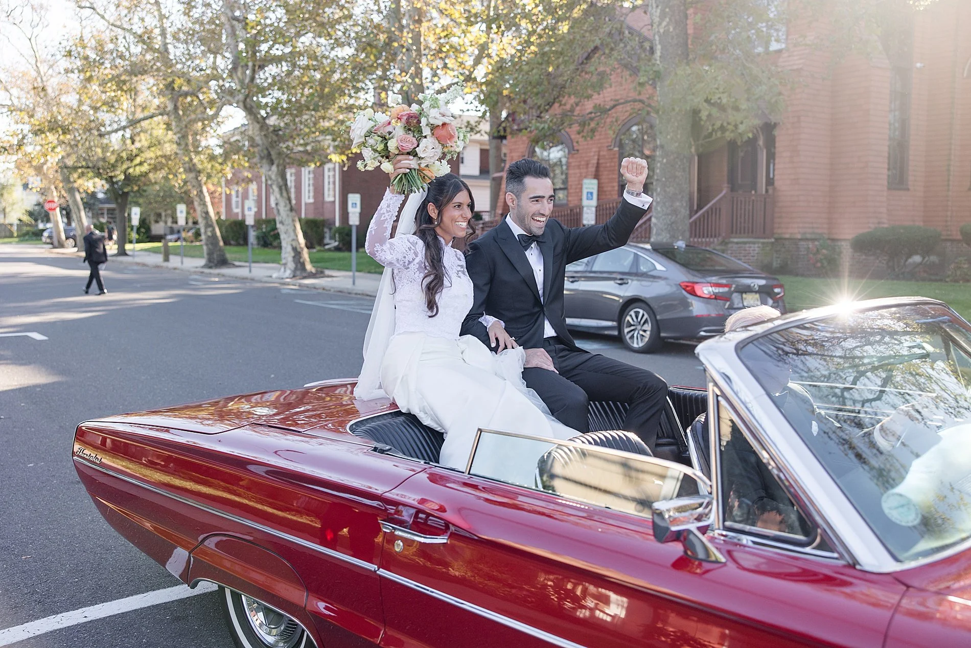  wedding portraits with classic car from elegant New Jersey wedding at Clarks Landing  