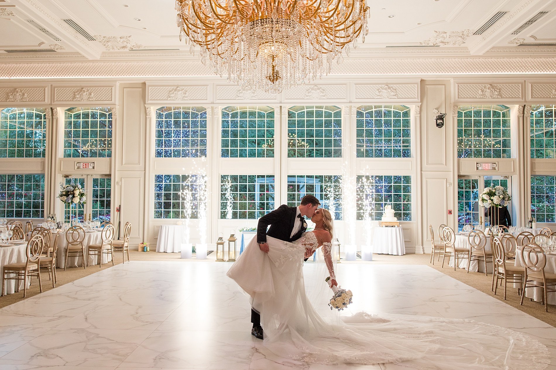  bride and groom photos inside grand ballroom of Estate of Florentine Gardens  