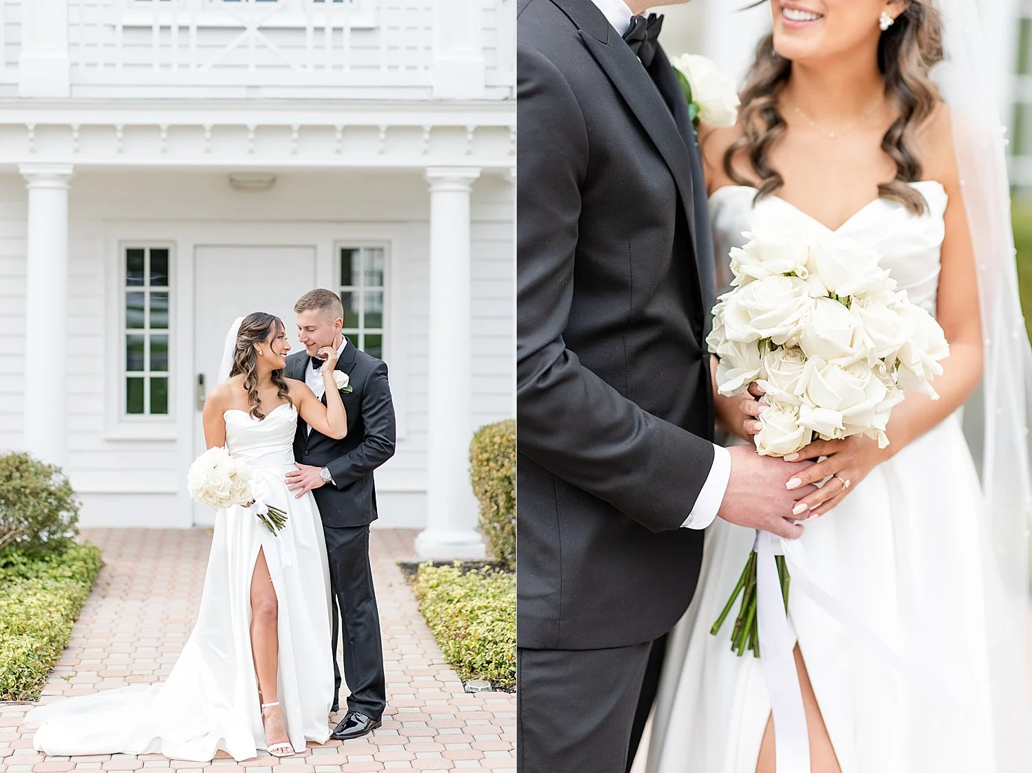  NJ wedding photos of bride and groom outside of Ryland Inn  