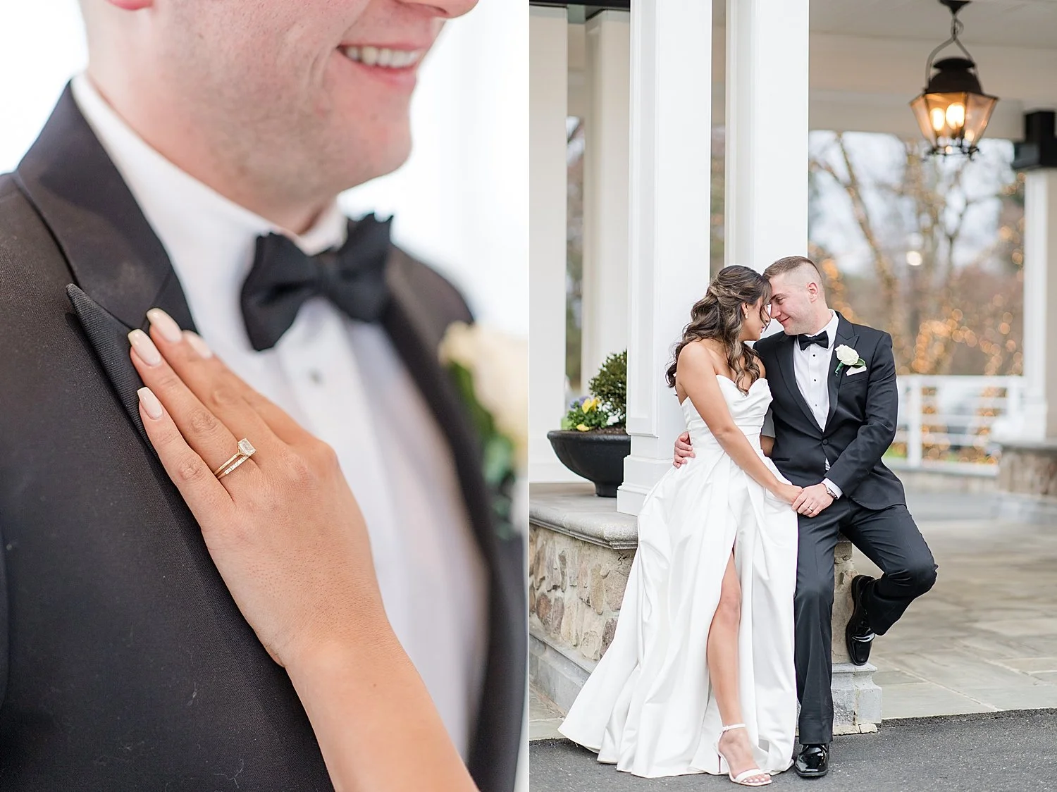  newlyweds lean in together outside of Ryland Inn 