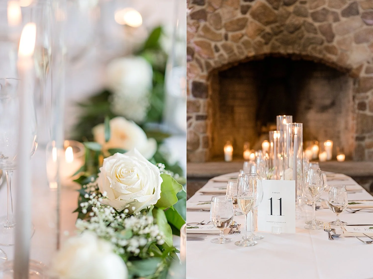  classic white flowers and greenery and table numbers at reception  