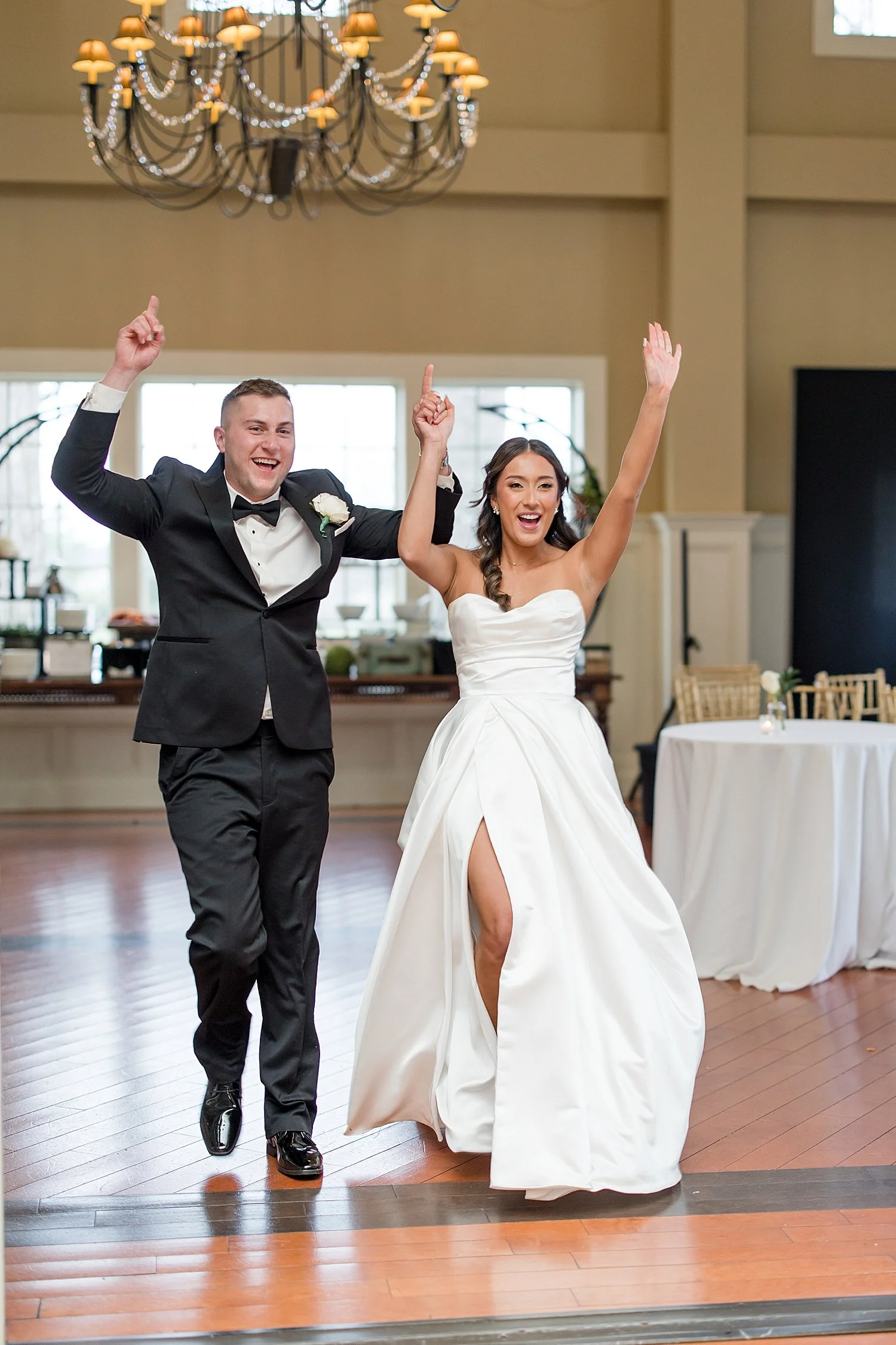  candid photos of newlyweds entering wedding reception  