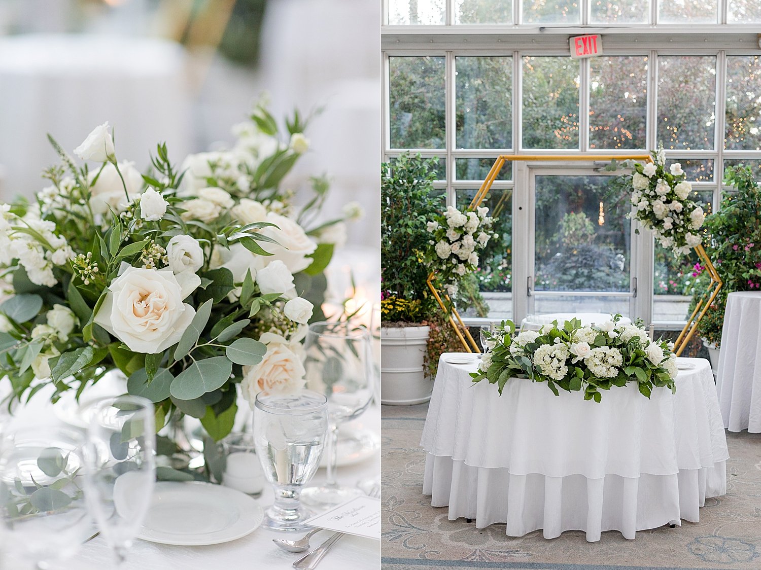 classic white roses and greenery decorate the wedding reception in the Conservatory of Madison Hotel 