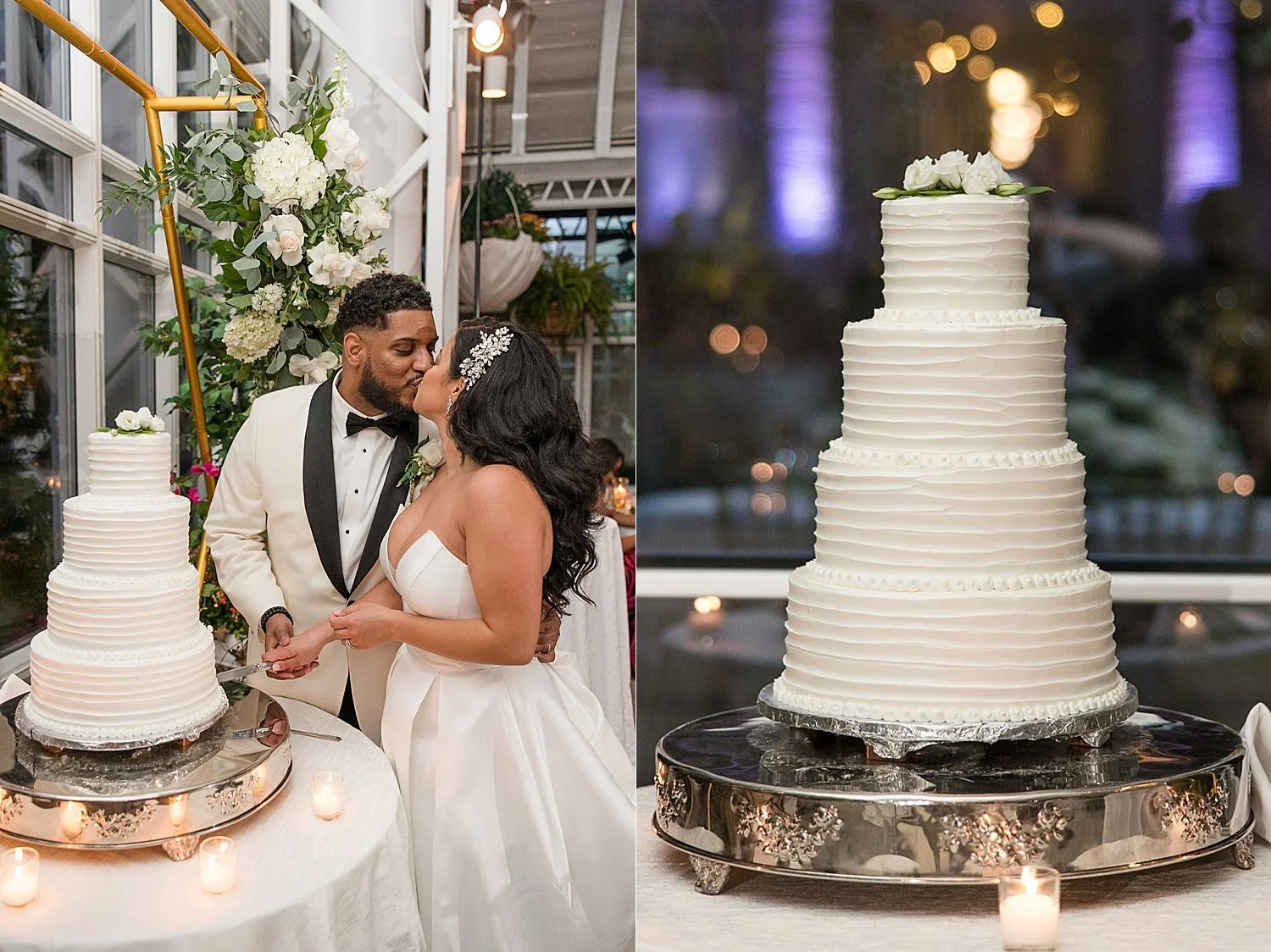  bride and groom kiss as they cut their wedding cake  