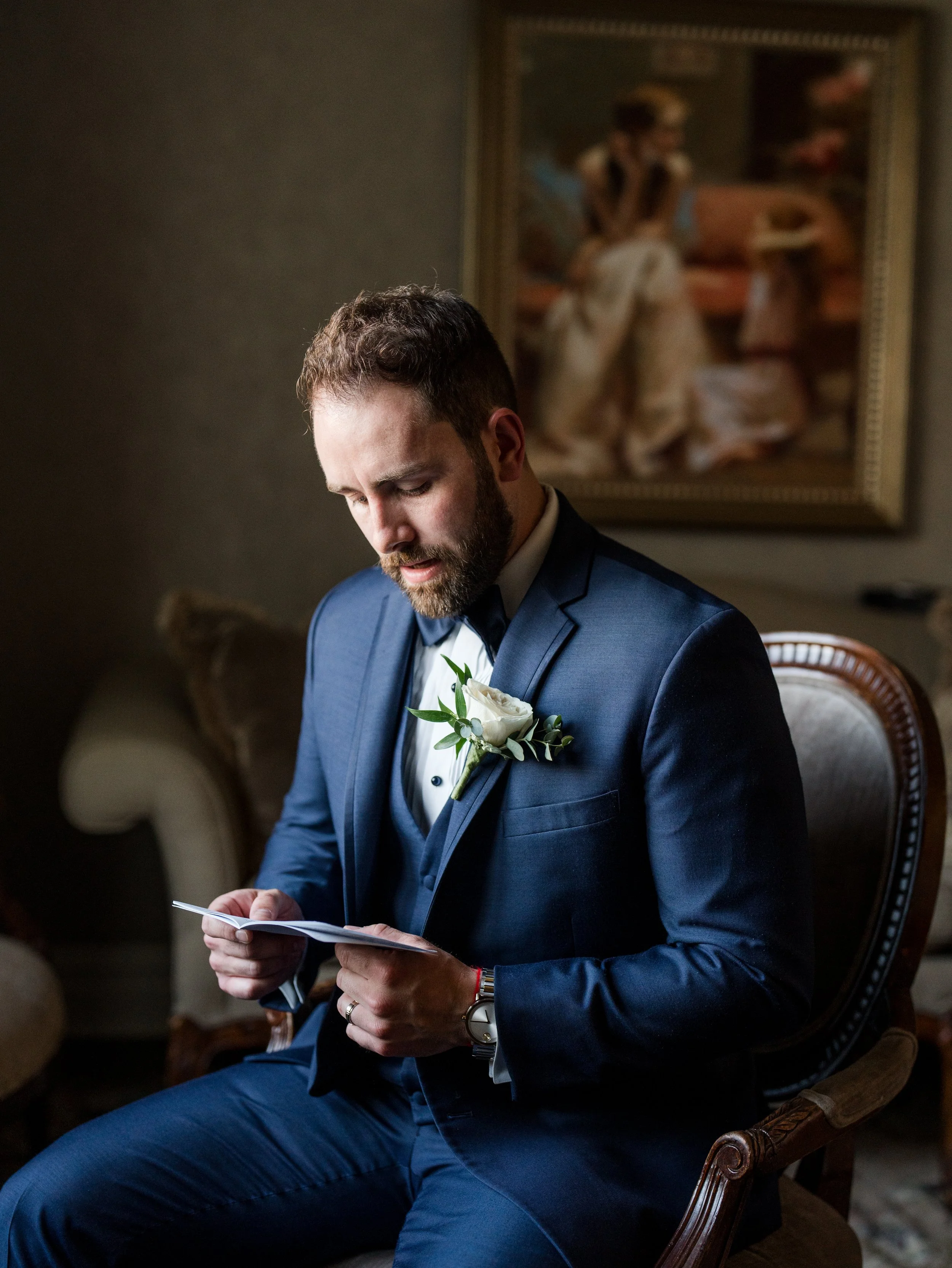 Groom reading vows photo at The Park Savoy Estate in Florham Park, NJ by wedding photographer, Jessica Anne Photography