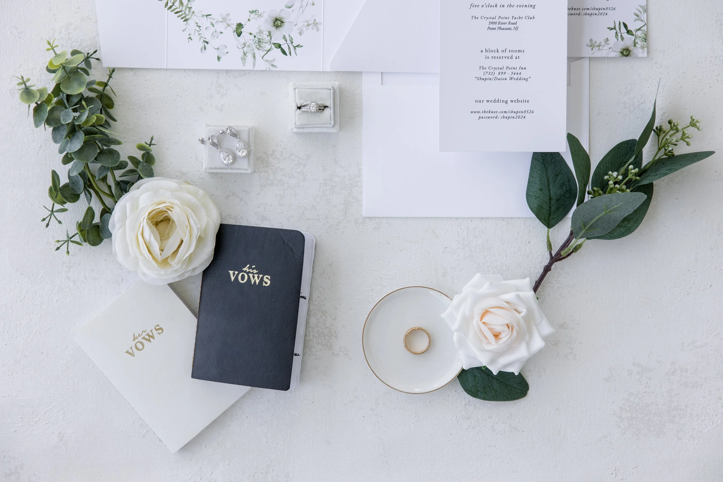 Wedding details photo, vows, rings, invitations, florals. Photo by Jessica Anne Photography in New Jersey