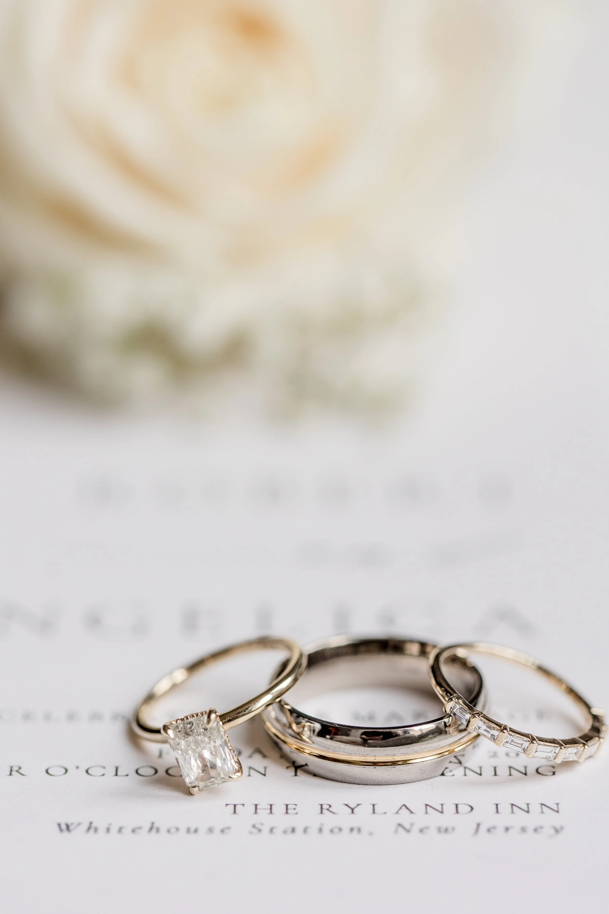 Closeup rings detail photo - wedding bands on top of wedding invitation with a white rose. By Jessica Anne Photography.