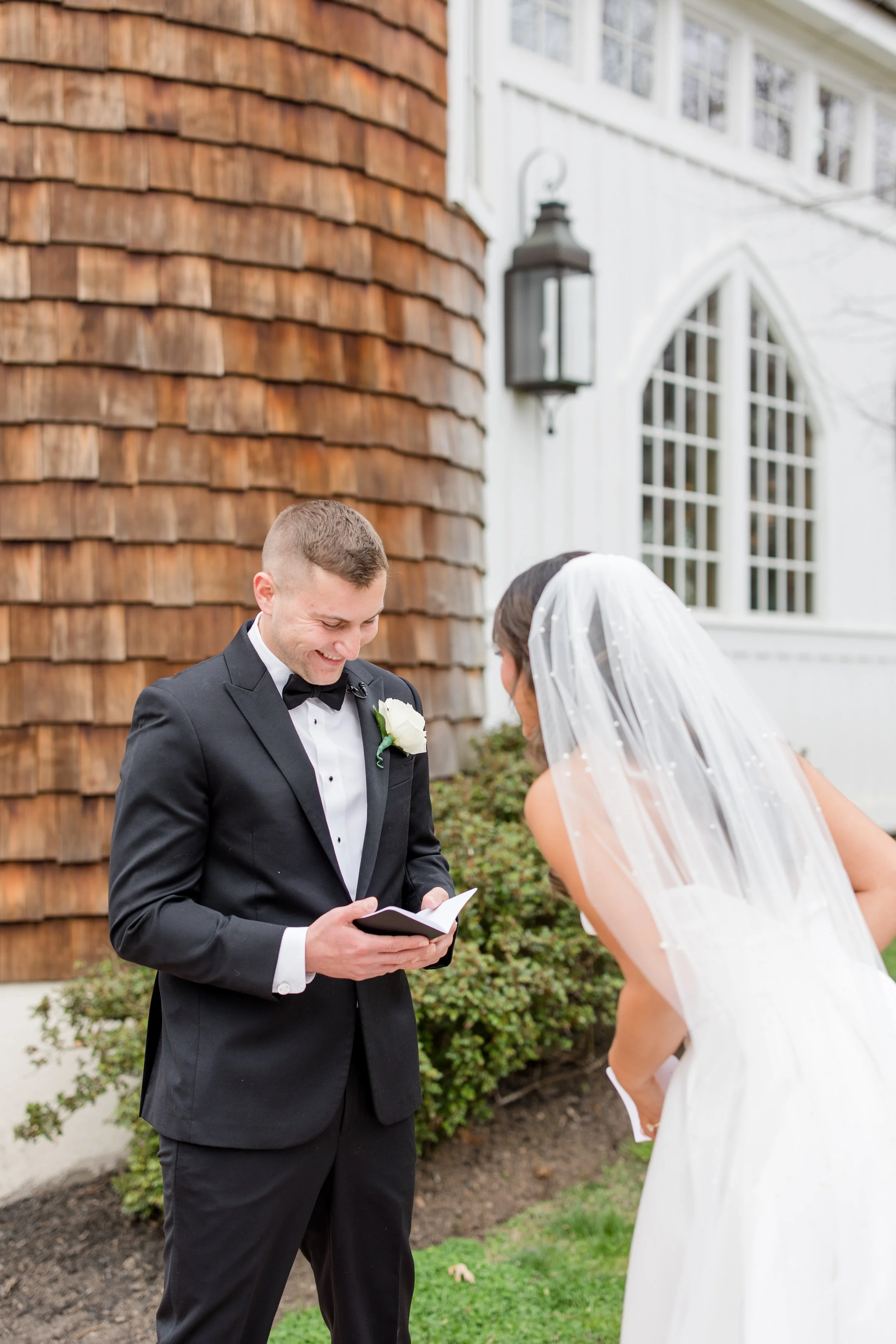 Groom Reading vows. First look private vows photo by NJ Wedding Photographer, Jessica Anne. Taken at the Ryland Inn in White House Station, NJ