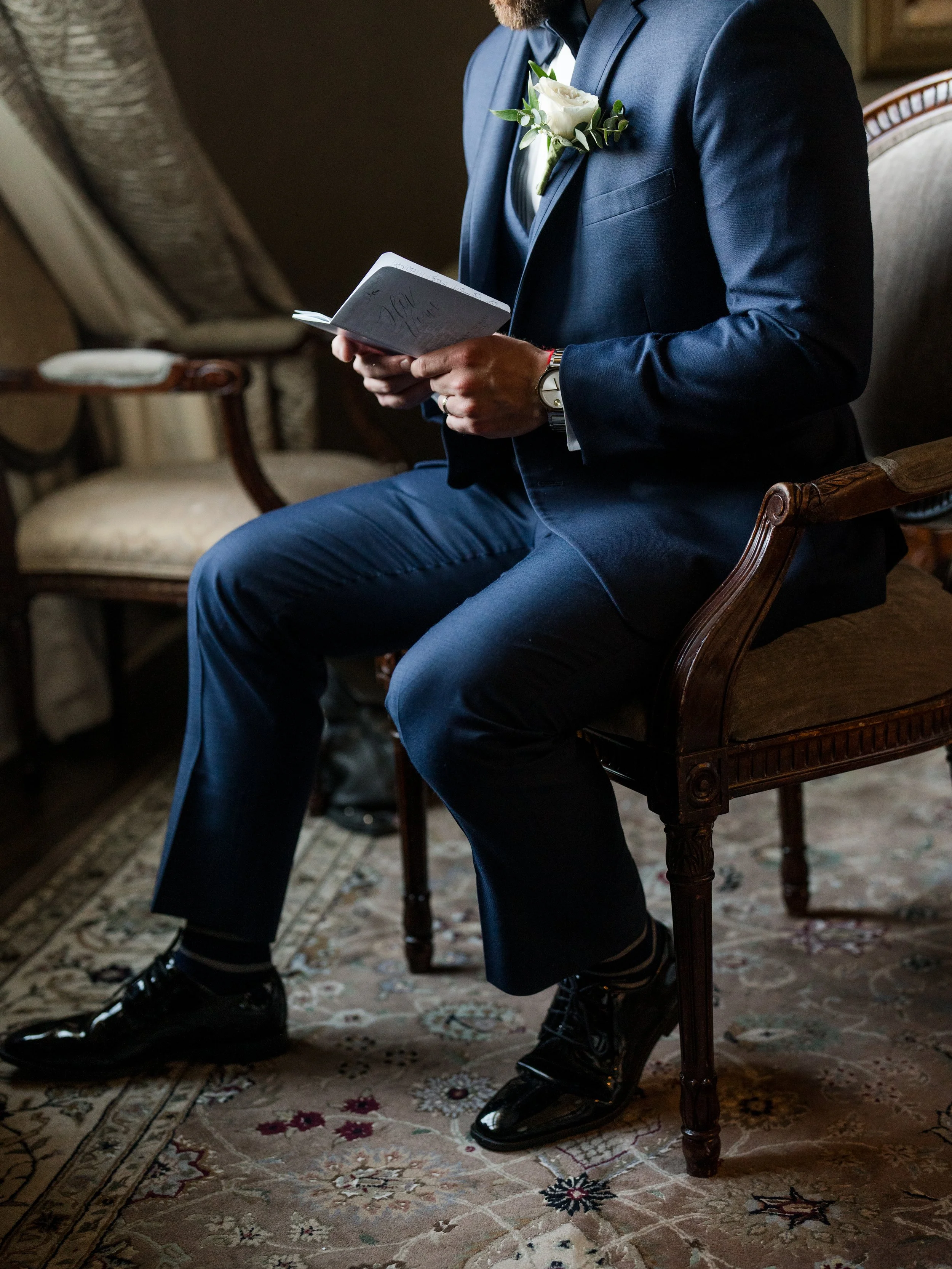 Groom reading vows photo at The Park Savoy Estate in Florham Park, NJ by wedding photographer, Jessica Anne Photography