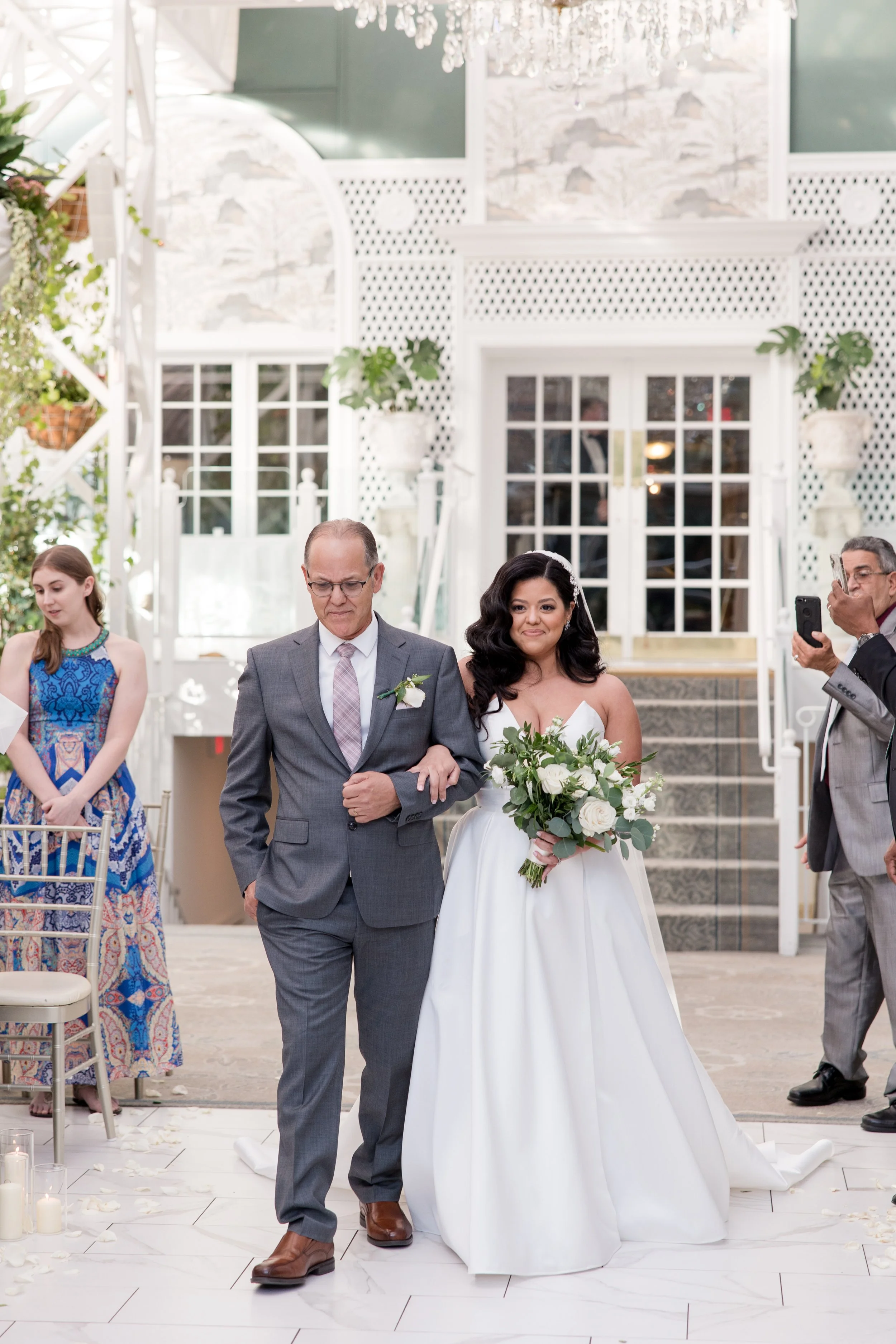 Father walking bride down the aisle at The Park Savoy Estate in Florham Park, NJ. Shot by wedding photographer, Jessica Anne Photography