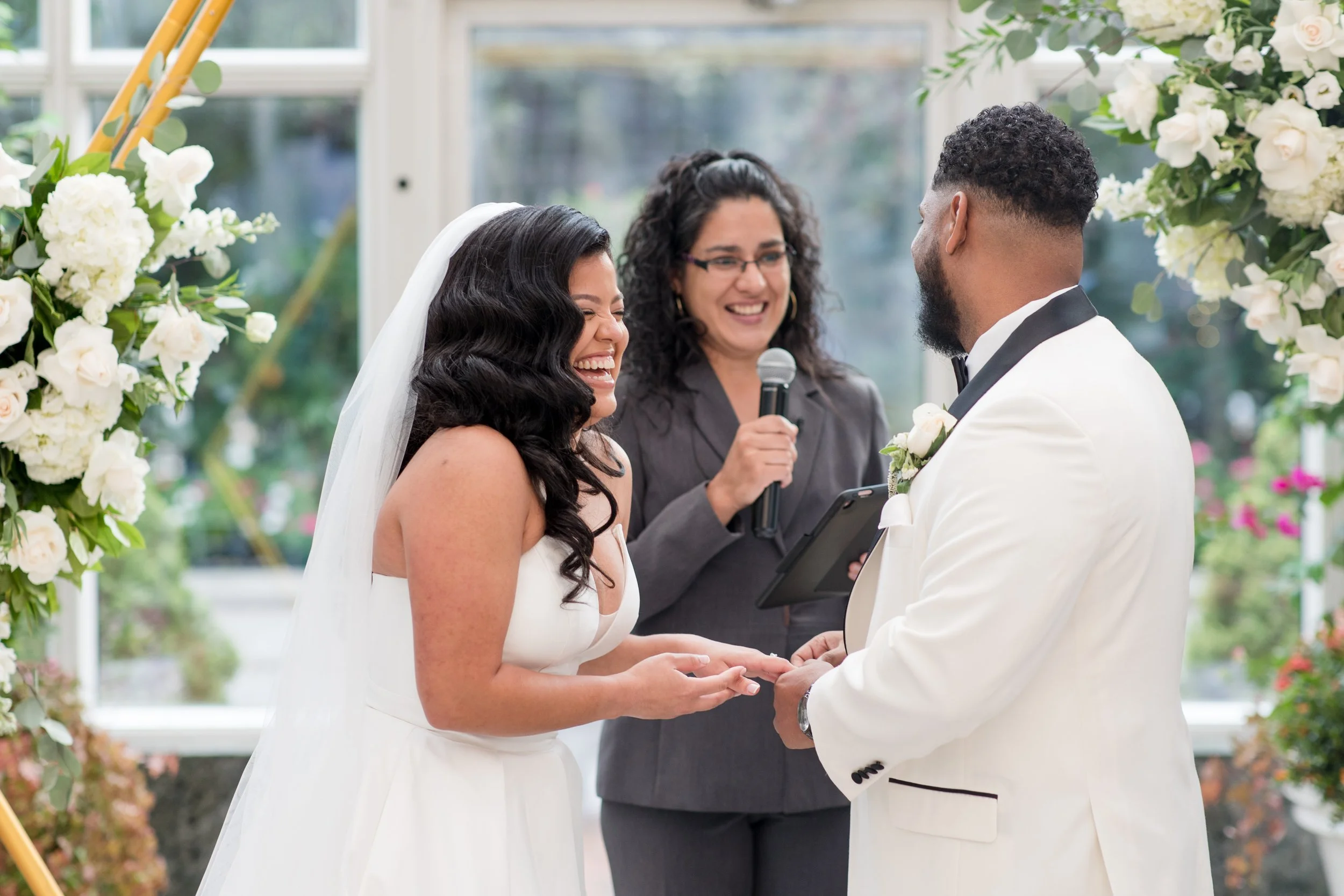 Laughing bride and groom ceremony photo at The Park Savoy Estate in Florham Park, NJ. Shot by Jessica Anne Photography