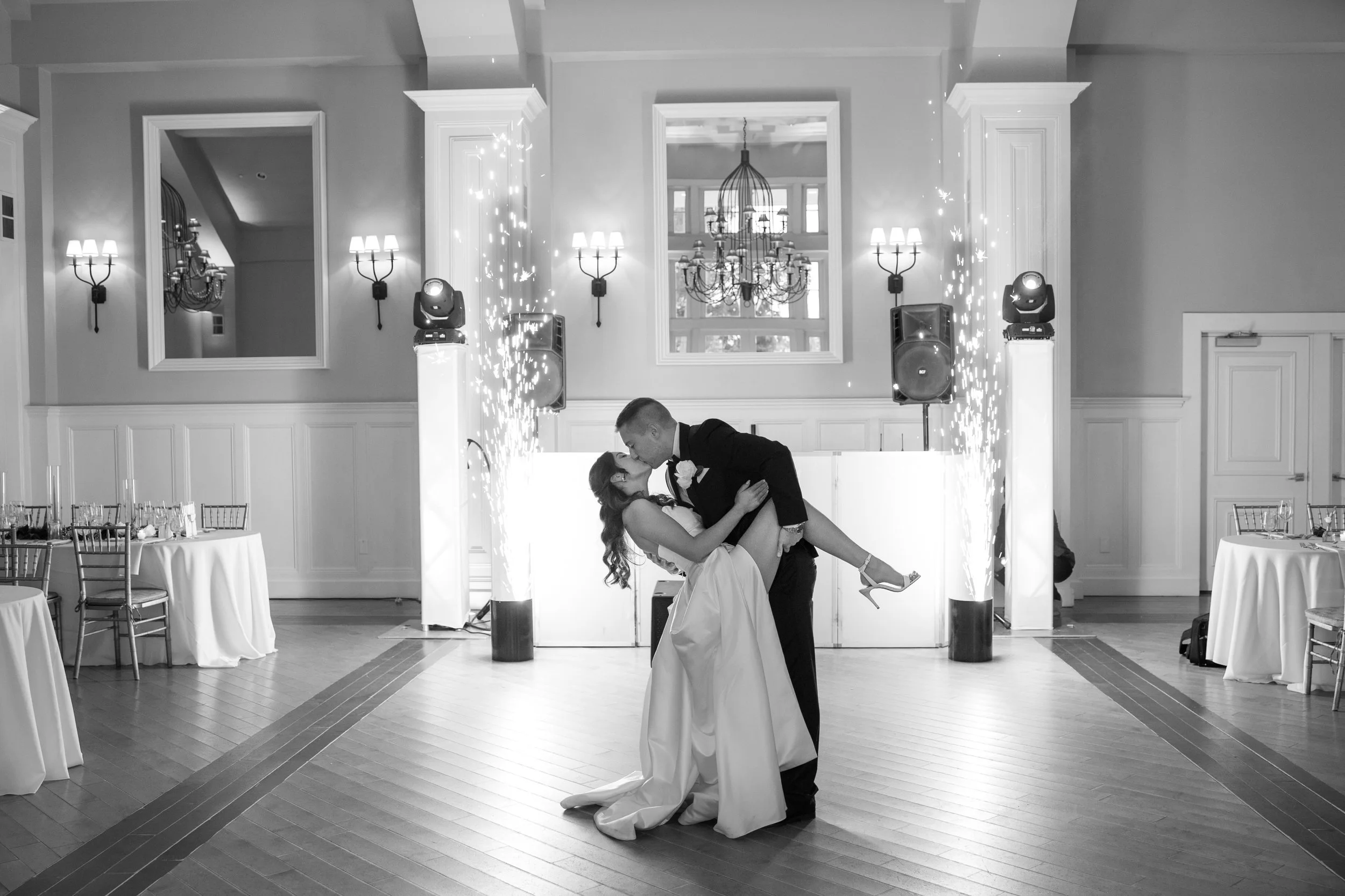 Groom dipping bride on dance floor. Wedding photo at the Ryland Inn in White House Station, NJ by Jessica Anne Photography