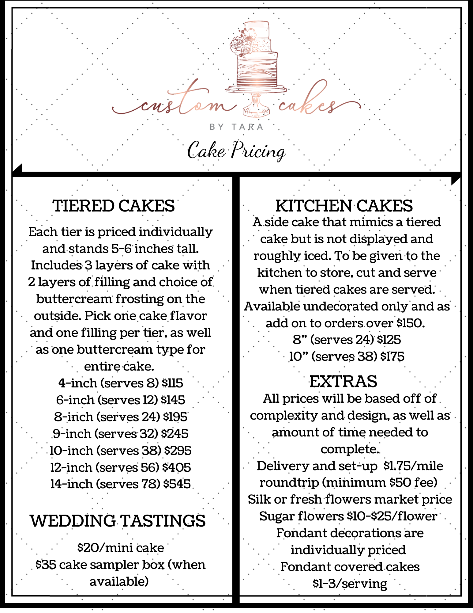 A menu on a white background with black borders from custom cakes by Tara, showing cake pricing, wedding tastings, and extras. The menu includes illustrations of a wedding cake and elegant decorative elements.