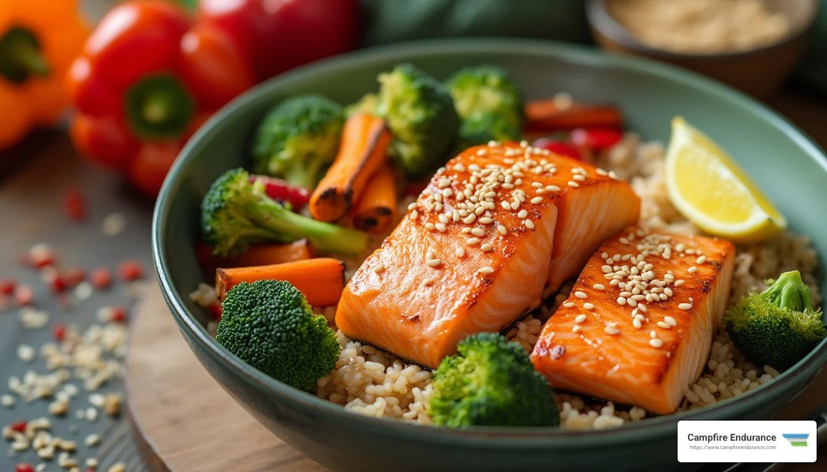 Salmon Bowl with Brown Rice and Veggies - triathlete meal plan