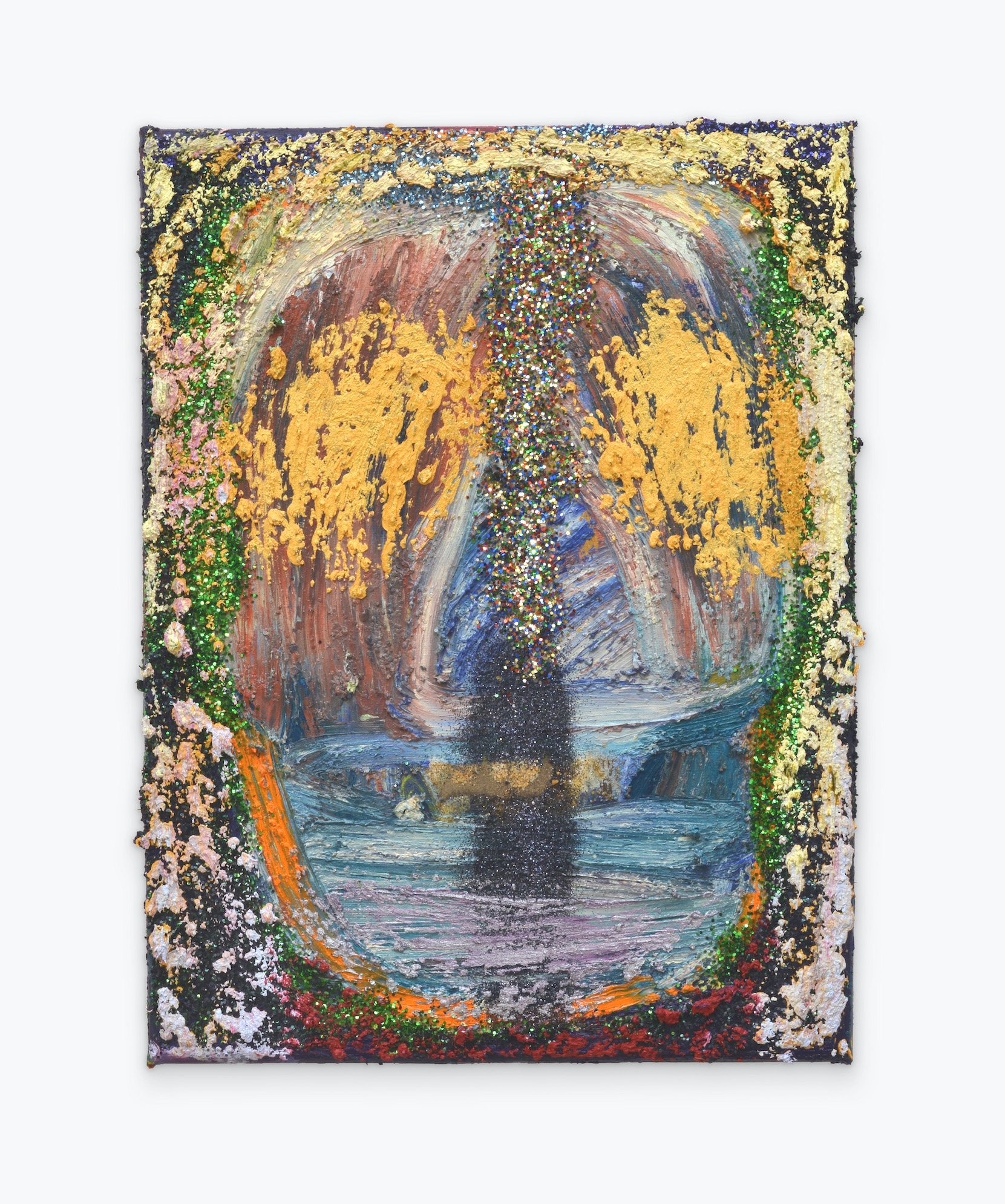 Whisper From The Ancients / 2023 / oil stick, glitter and sand on canvas / 12" x 9"