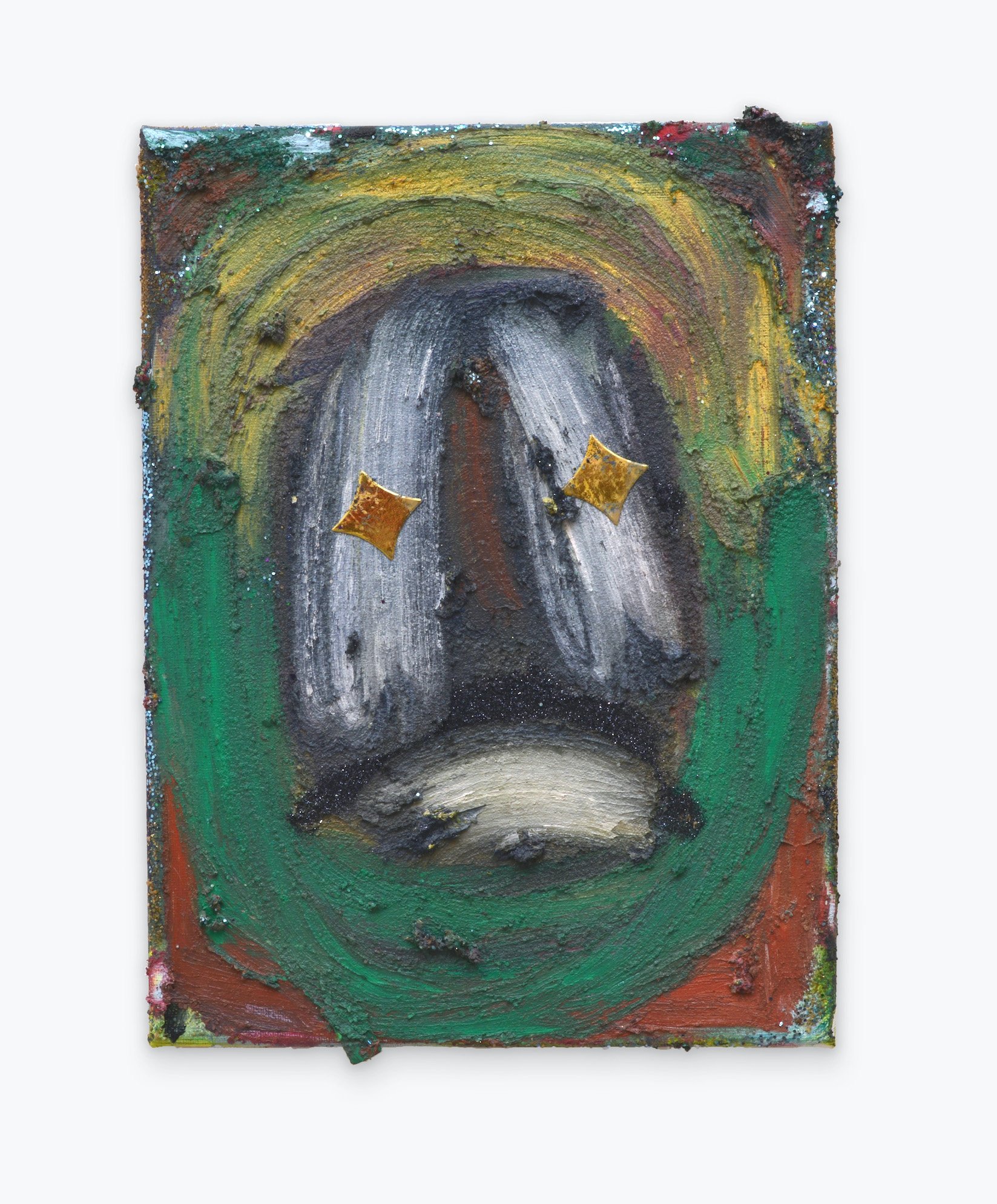 Gut Dweller / 2023 / oil stick, glitter, confetti and sand on canvas / 12" x 9"