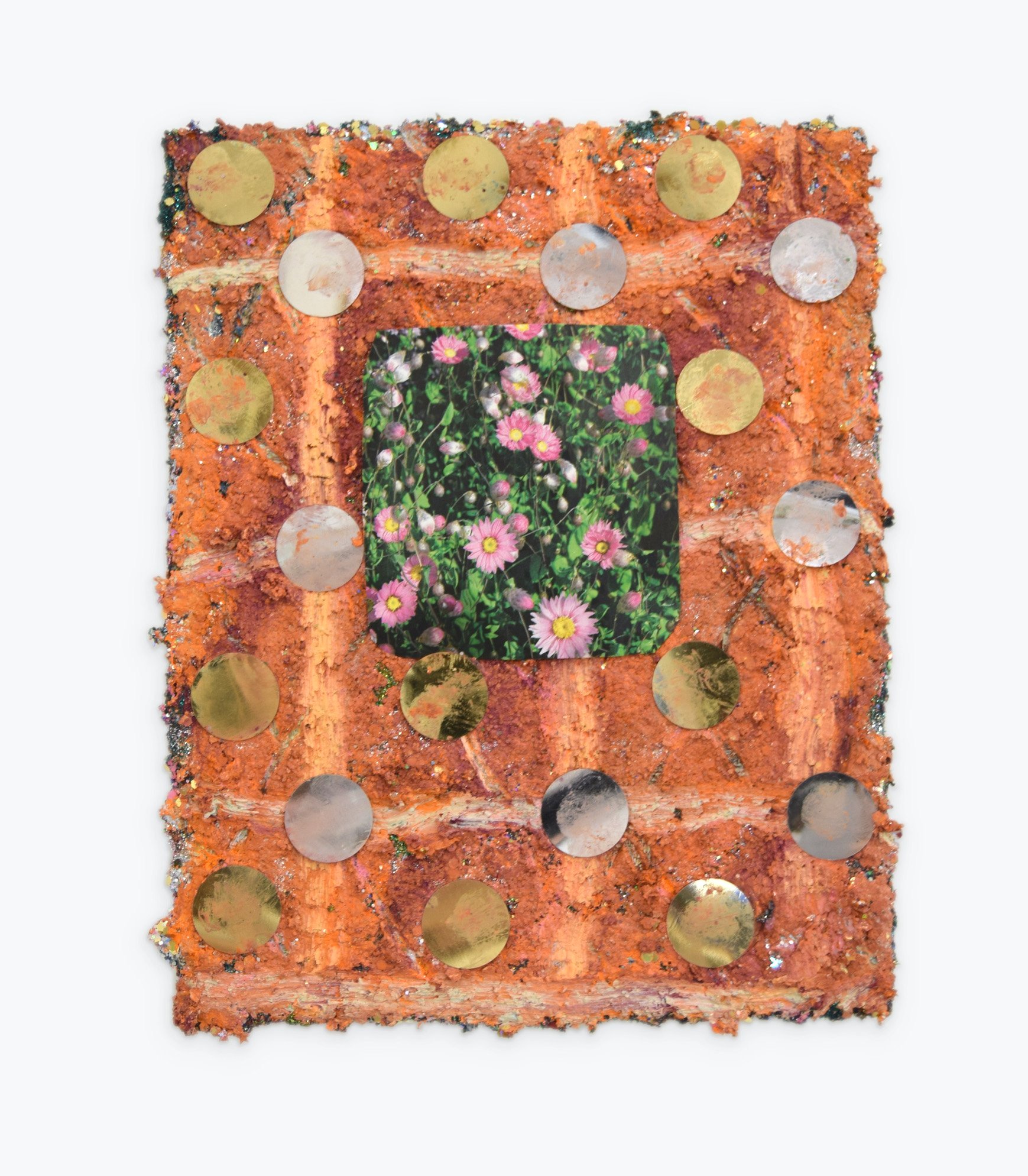 Sooner or Later We All Make the Flowers Grow / 2023 / oil stick, oil, glitter, confetti and collage on canvas / 10" x 8"