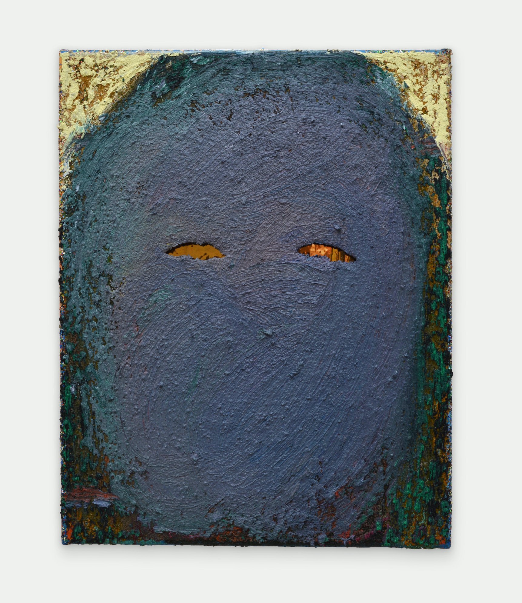 Nameless / 2023 / oil stick and glitter on cut canvas with metallic tape / 14" x 11"