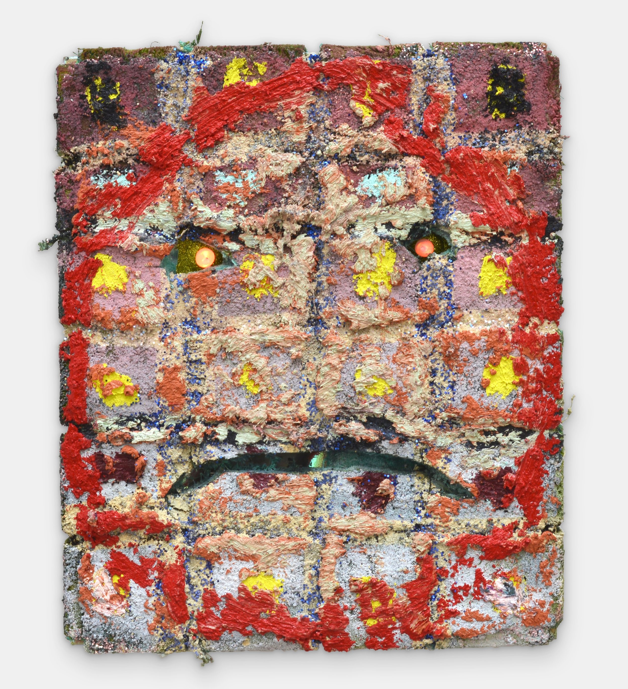 Untitled (Pinhead) / 2023-24 / oil stick, oil, glitter and pigment on woven and cut velvet with LED lights and iridescent tape / 12" x 10"