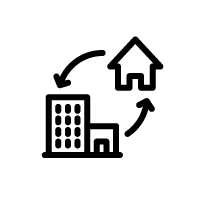 icon of an office building and a home with arrows going between the two