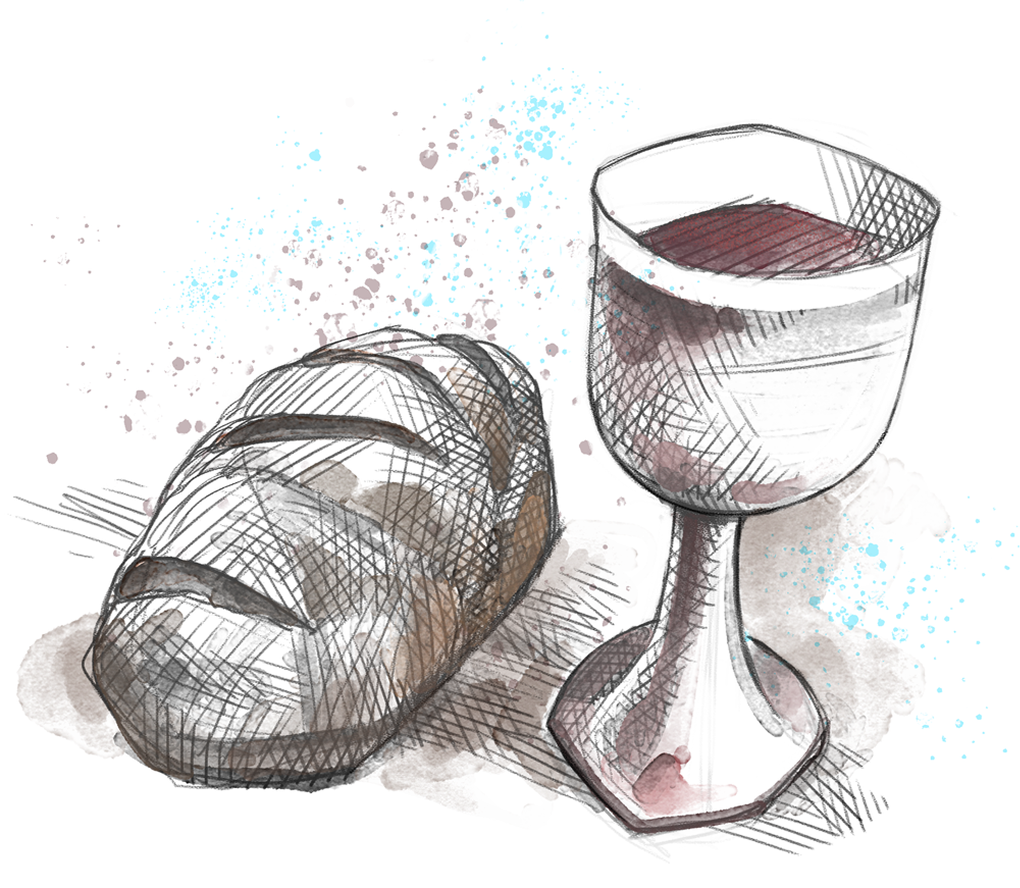 A watercolor sketch of a loaf of bread and a glass of red wine.
