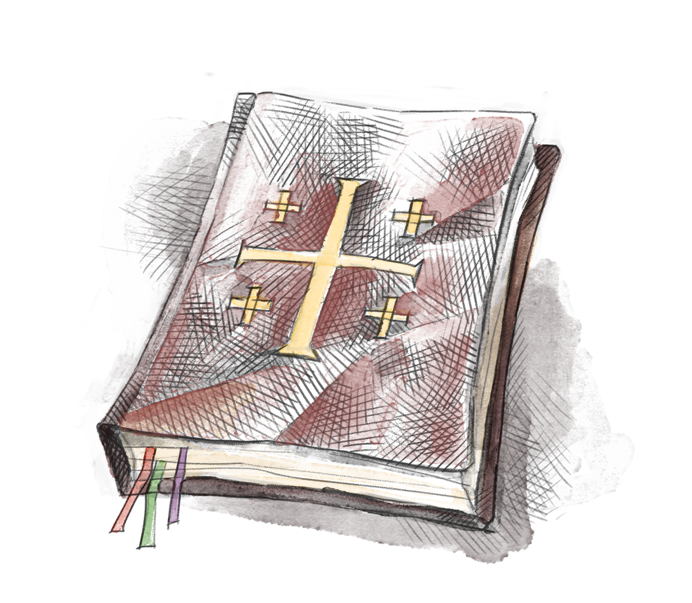A Book of Common Prayer with a gold cross and four small crosses on its cover, with three colored ribbons as bookmarks.