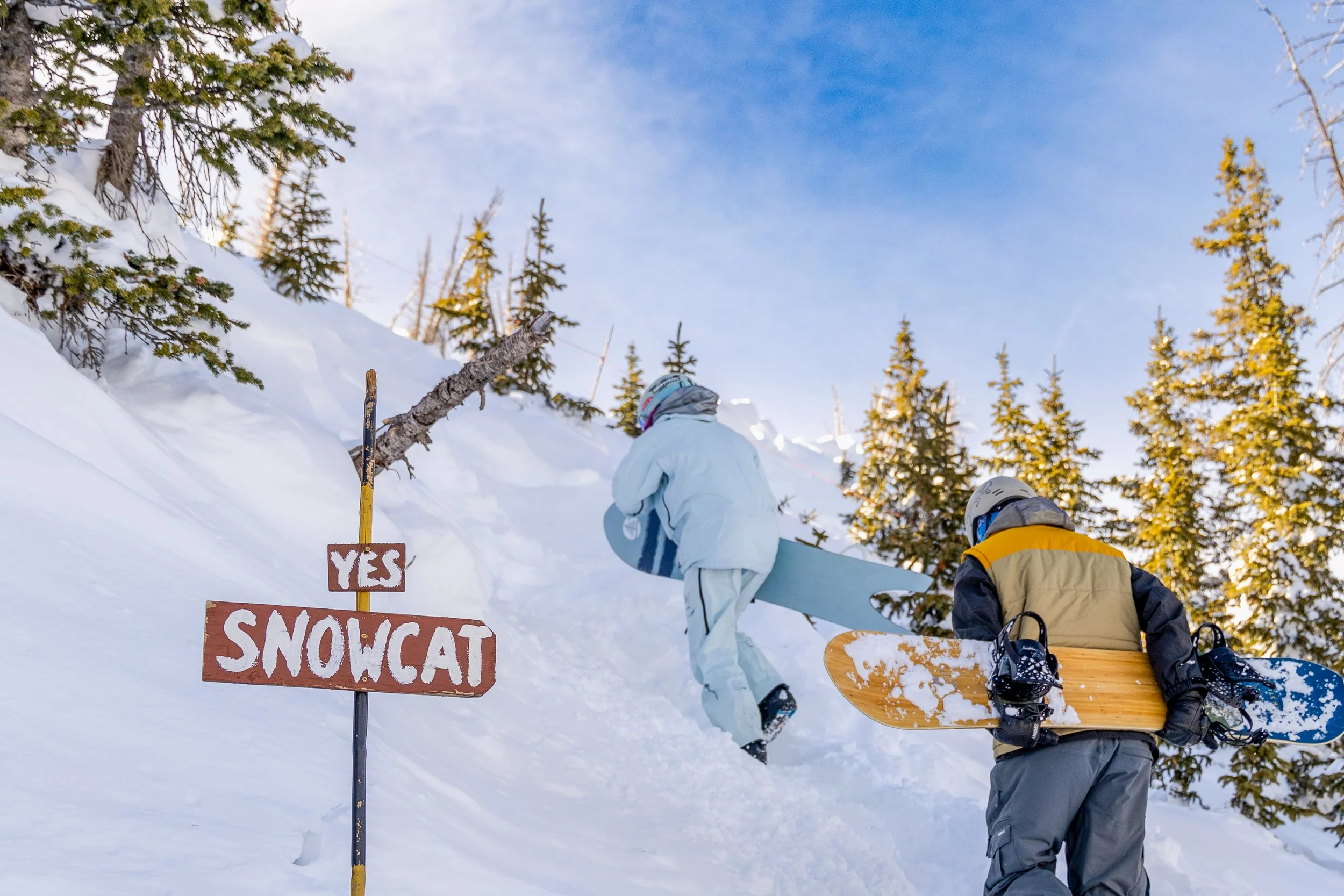 Two riders carve down a tree-lined slope beside a 'Yes Snowcat' trail sign.