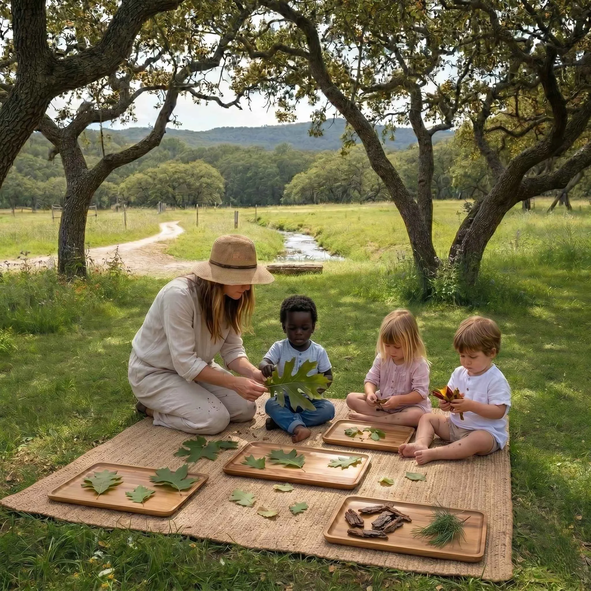 Waldorf philosophy educator teaching an outdoor class with children at Los Angeles California