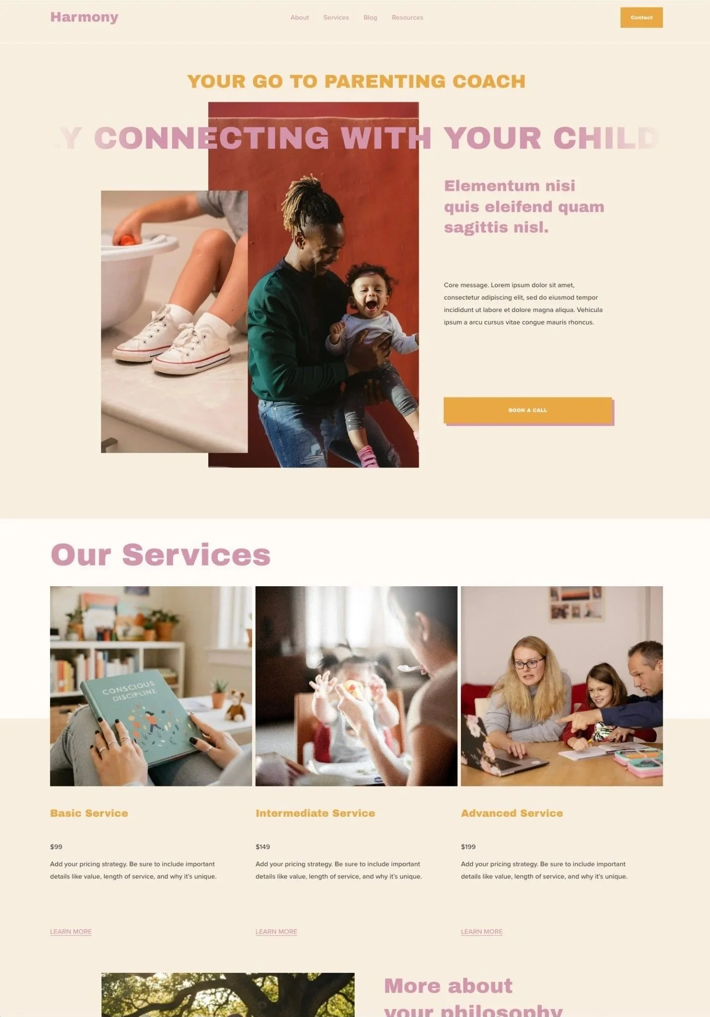 Desktop homepage screenshot of squarespace website template for early childhood educators or yomu coaches