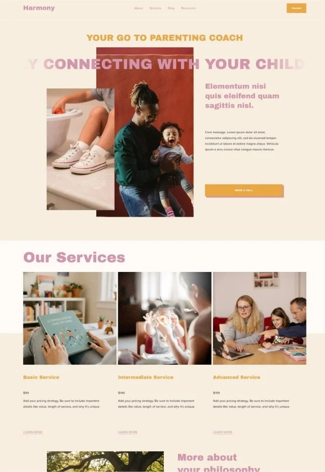 Desktop homepage screenshot of squarespace website template for montessori educators