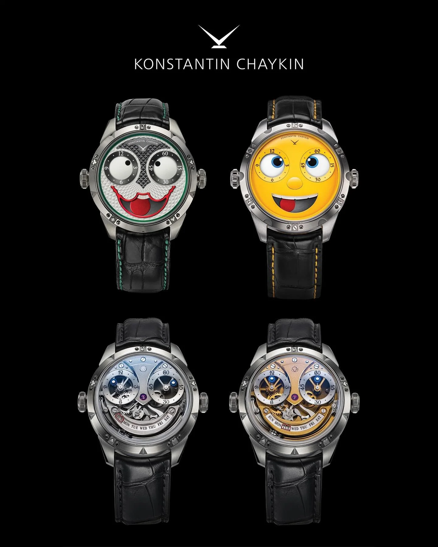 Konstantin Chaykin&rsquo;s must-see quartet brings watchmaking as wearable art. Swipe to explore four legends: the cult favorite Classic Joker with its grinning moving dial, where whimsy meets precision; the sleek New Kollokium, blending innovative r