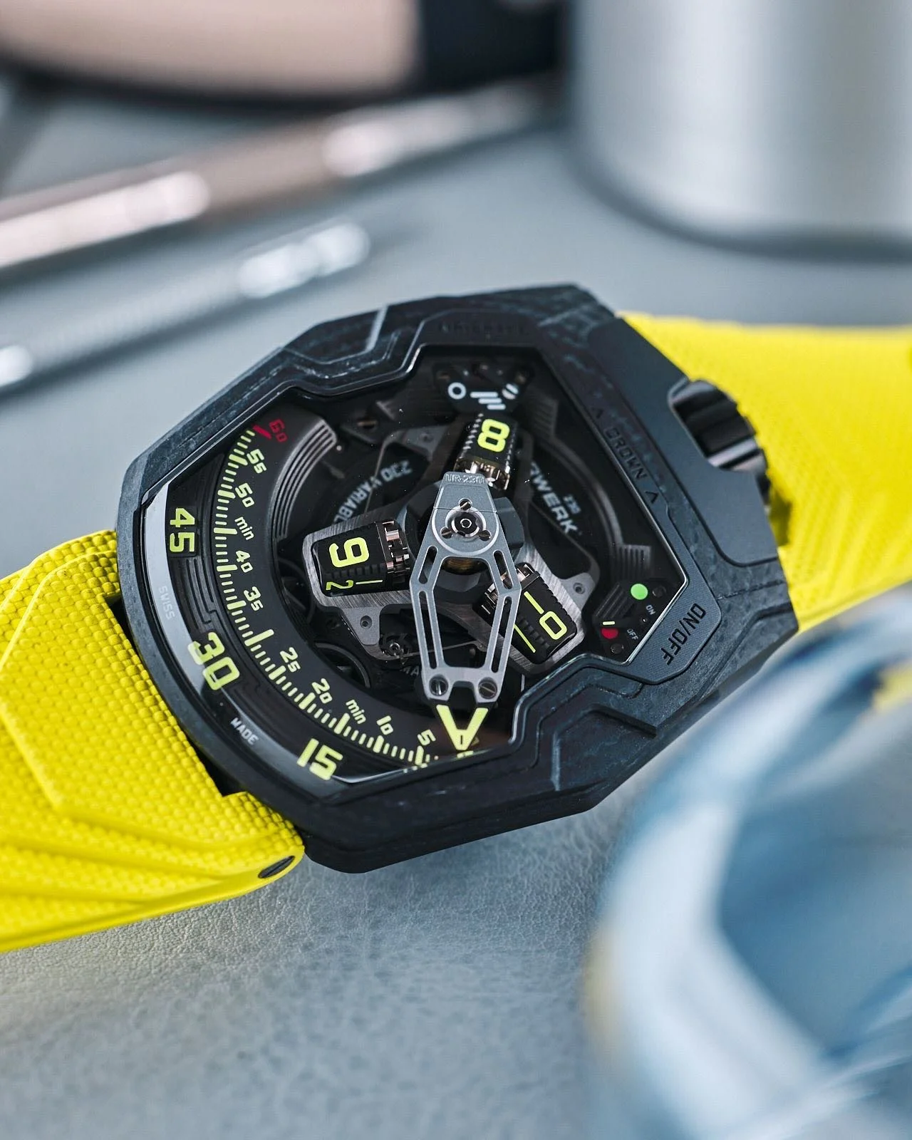 The UR-230 &ldquo;Black Star&rdquo;&mdash;final chapter in Urwerk&rsquo;s trilogy, limited to 35 pieces.

At its heart, the wandering hours complication&mdash;three cubic satellites rotating on a carousel, escorted by a retrograde 3D minute hand that