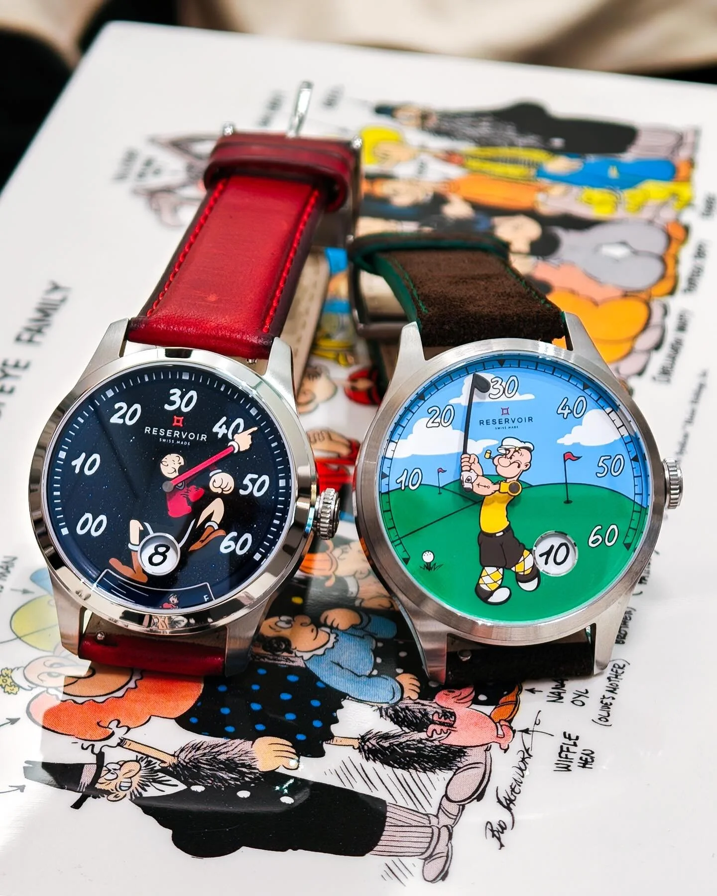 Introducing the ultimate his &amp; hers: The Reservoir x Popeye Golf and Olive Oyl timepieces. His muscular swing tracks every minute on the green, while her elegant arm sweeps across a mesmerizing blue sandstone dial. Both powered by Swiss precision