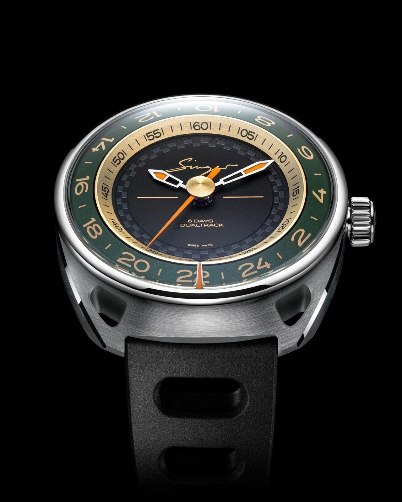 Meet the Singer DualTrack: redefining dual-time watches with a revolutionary peripheral 24-hour disc orbiting the dial&mdash;no confusing sub-dials or extra hands&mdash;letting you instantly read home time at 6 o&rsquo;clock, aligned with Singer&rsqu