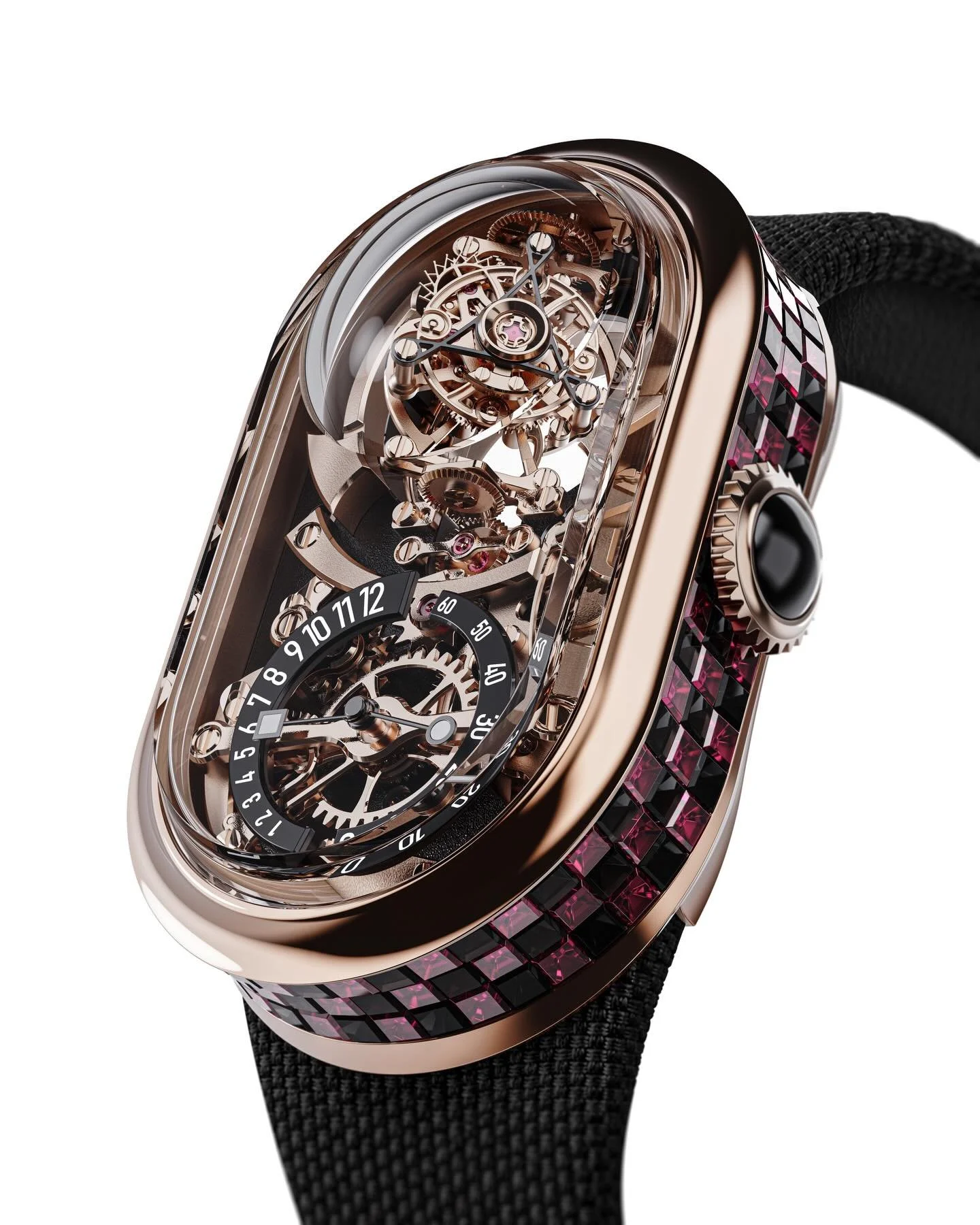 This variation of the Fam al Hut M&ouml;bius Mark 1 redefines high-end watch artistry with breathtaking detailing. Crafted from premium 18K rose gold, the entire peripheral of the watch case is exquisitely adorned with ruby and ceramic blocks, formin