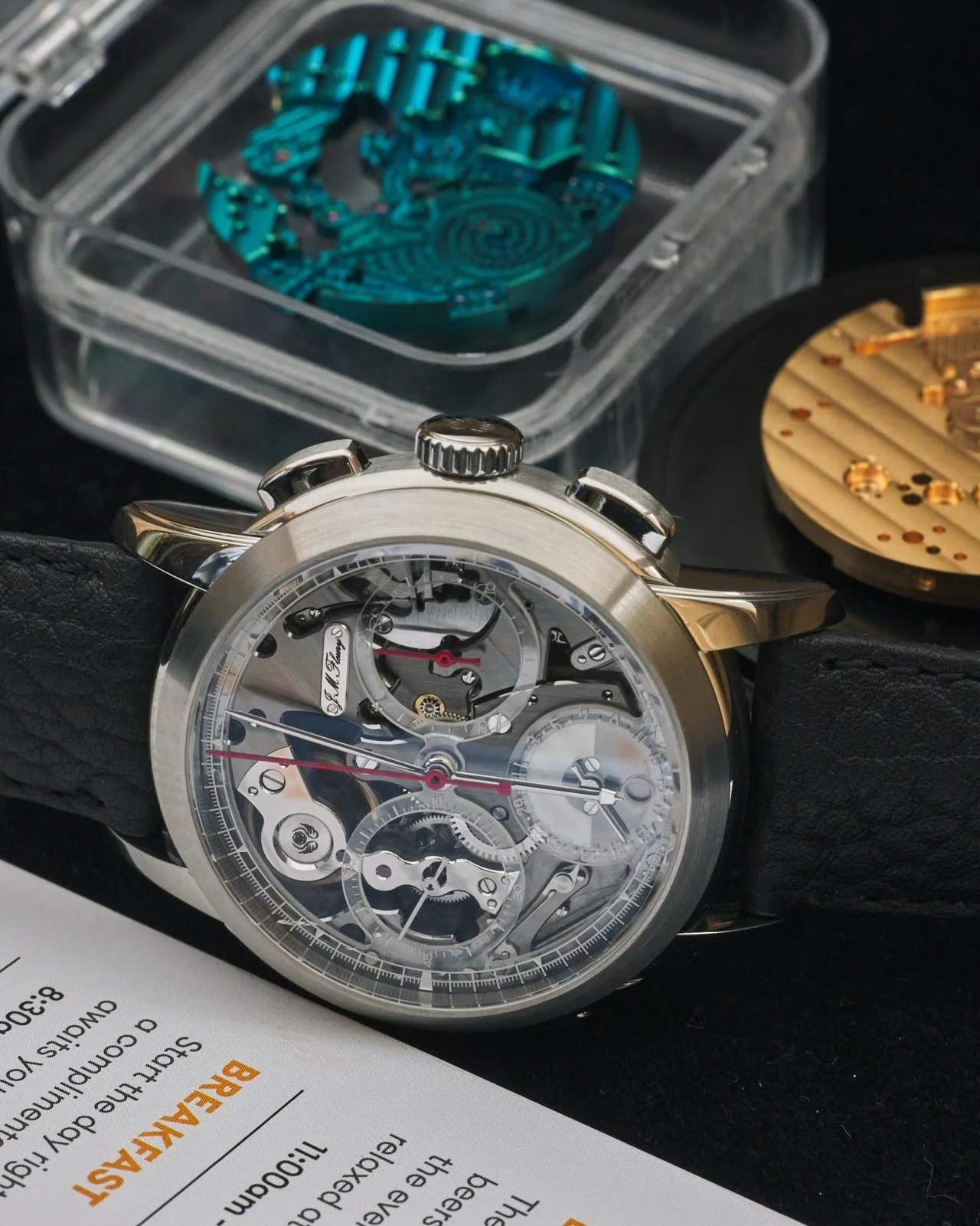 Crafted with 25+ years of watchmaking expertise, the Jean-Marc Fleury FXR-4 Chronograph reawakens the legendary Lemania 2310 chronograph movement, fully redeveloped and hand-finished in-house. 

This 40mm integrated manual-winding chronograph feature